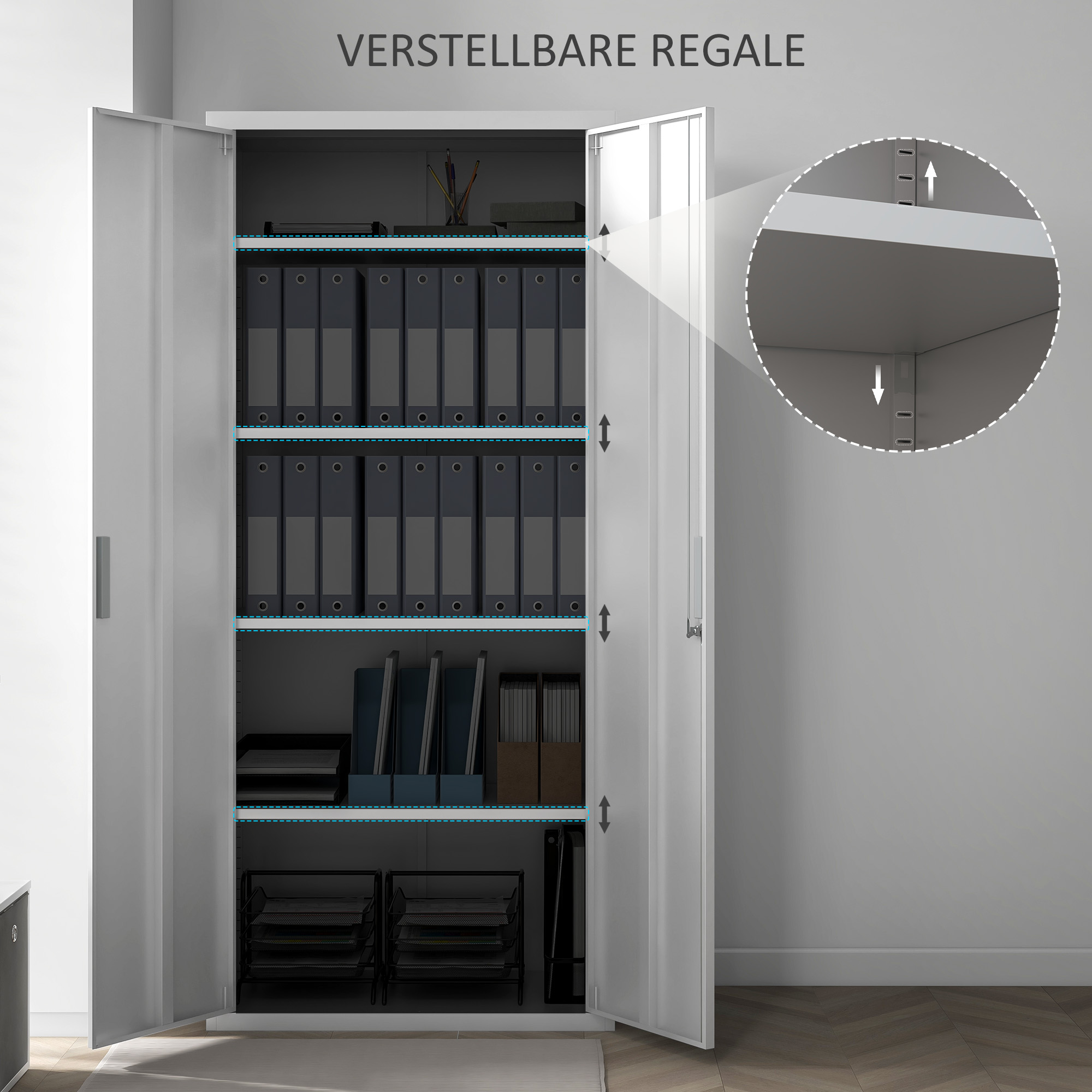 Aktenschrank, Büroschrank, 5 Regale, Metall, 80B x 40T x 180H cm, Weiß