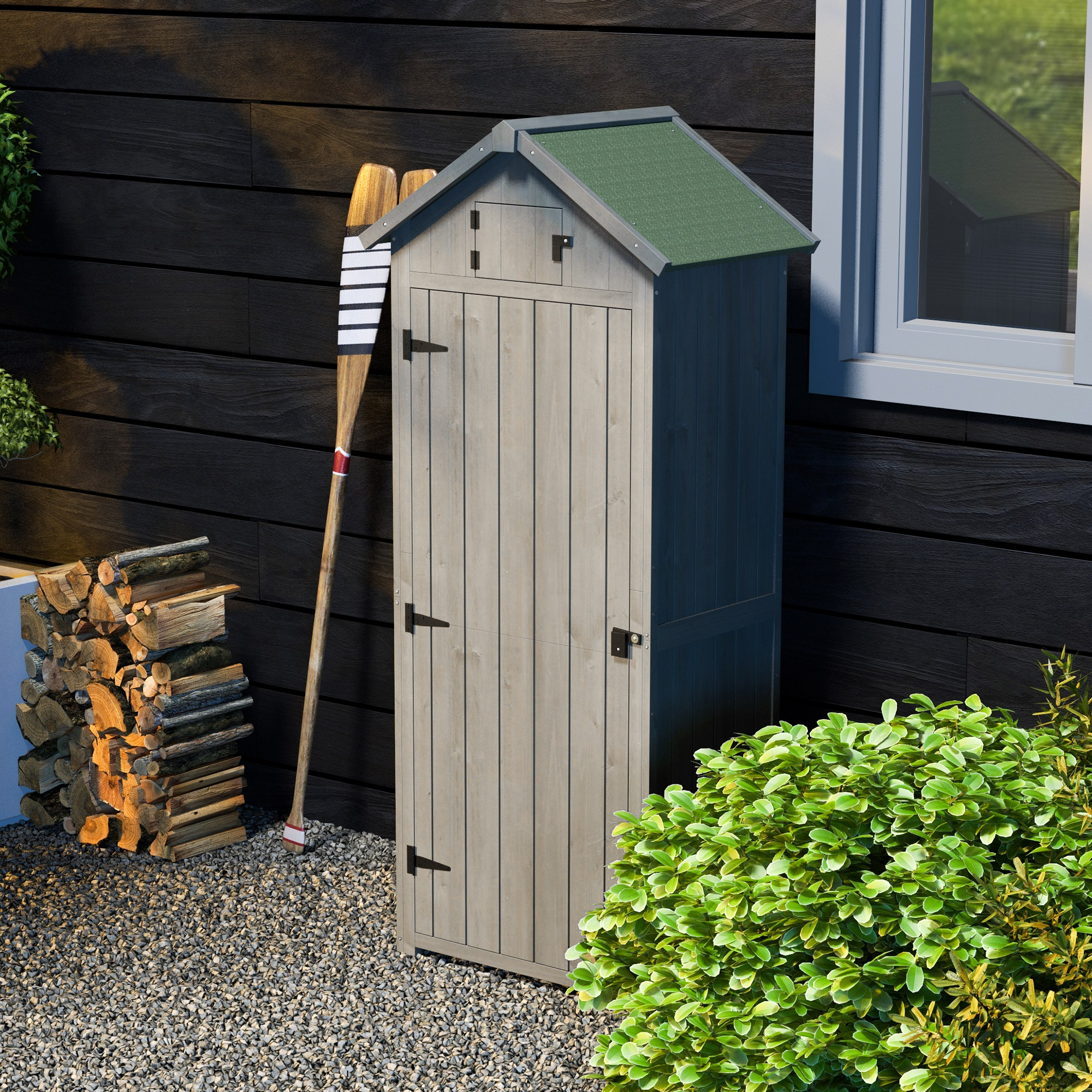 Gartenschrank Holz, Geräteschuppen wetterfest 77x54,2x179cm, Gerätehaus mit Tür, Satteldach, Geräteschrank mit Böden, Werkzeugschrank Gartenschuppen für Garten, Terrasse, Grau+Grün