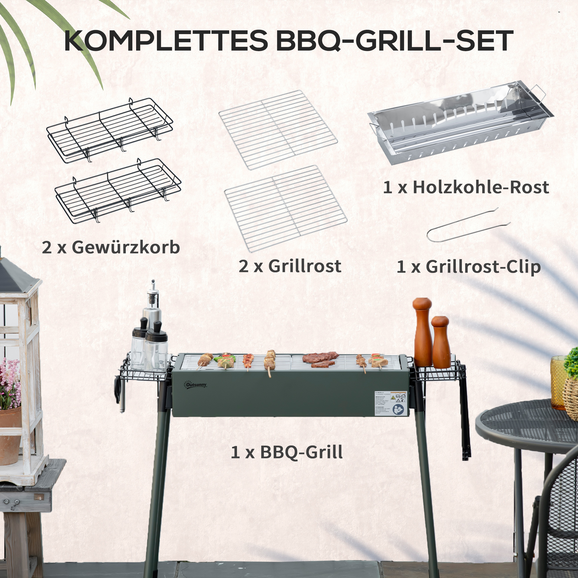 Holzkohlegrill, 2x Grillrost, 1x Kohlegitter, 2x Seitenkorb, rostfreier Stahl, dunkelgrün, 94 x 39 x 70 cm