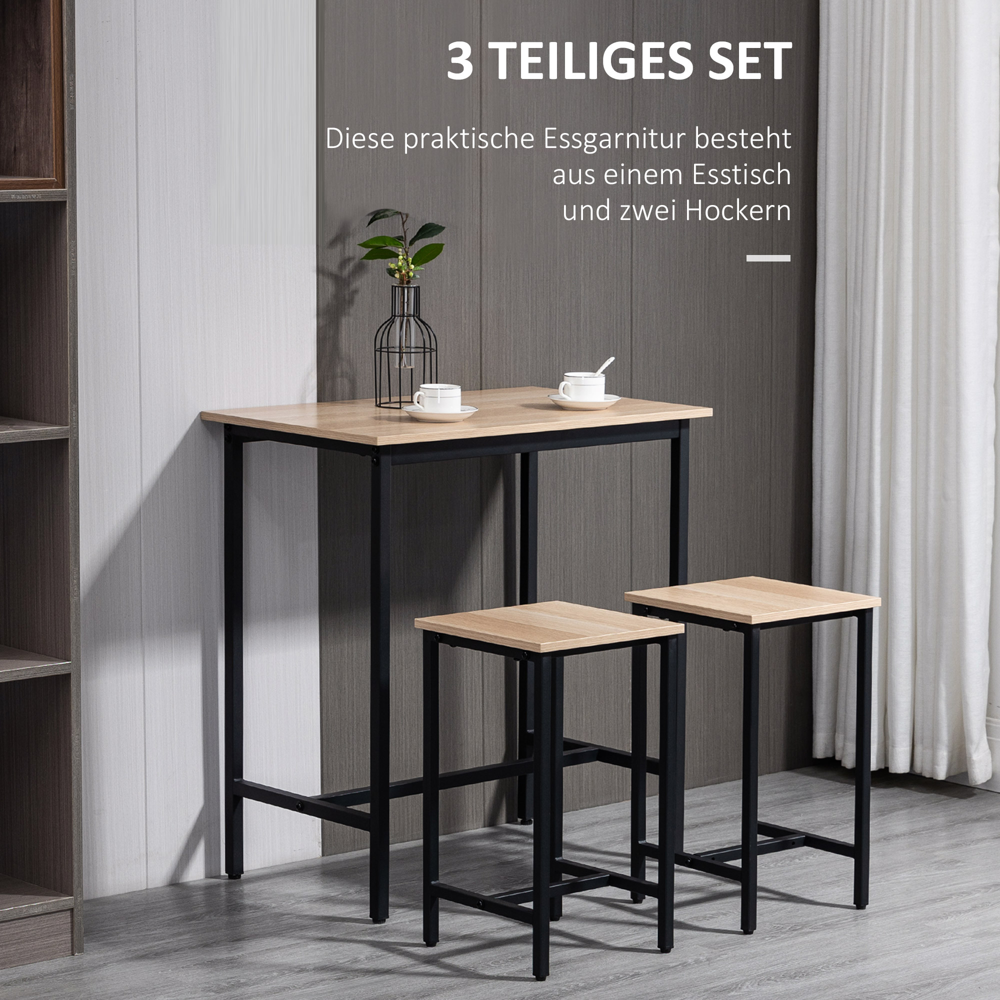 Bartisch-Set im Industrie-Design, 3-teilig, 1 Tisch, 2 Hocker, Schwarz + Natur