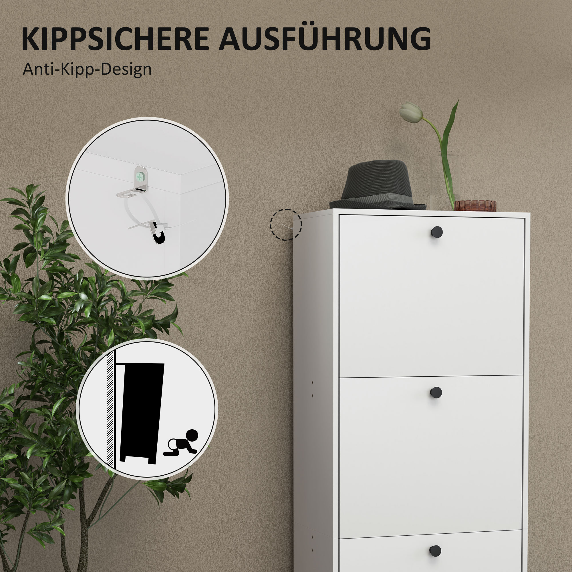 Schuhschrank, Schuhregal, 3 Klappfächer, verstellbar, Spanplatte, Weiß