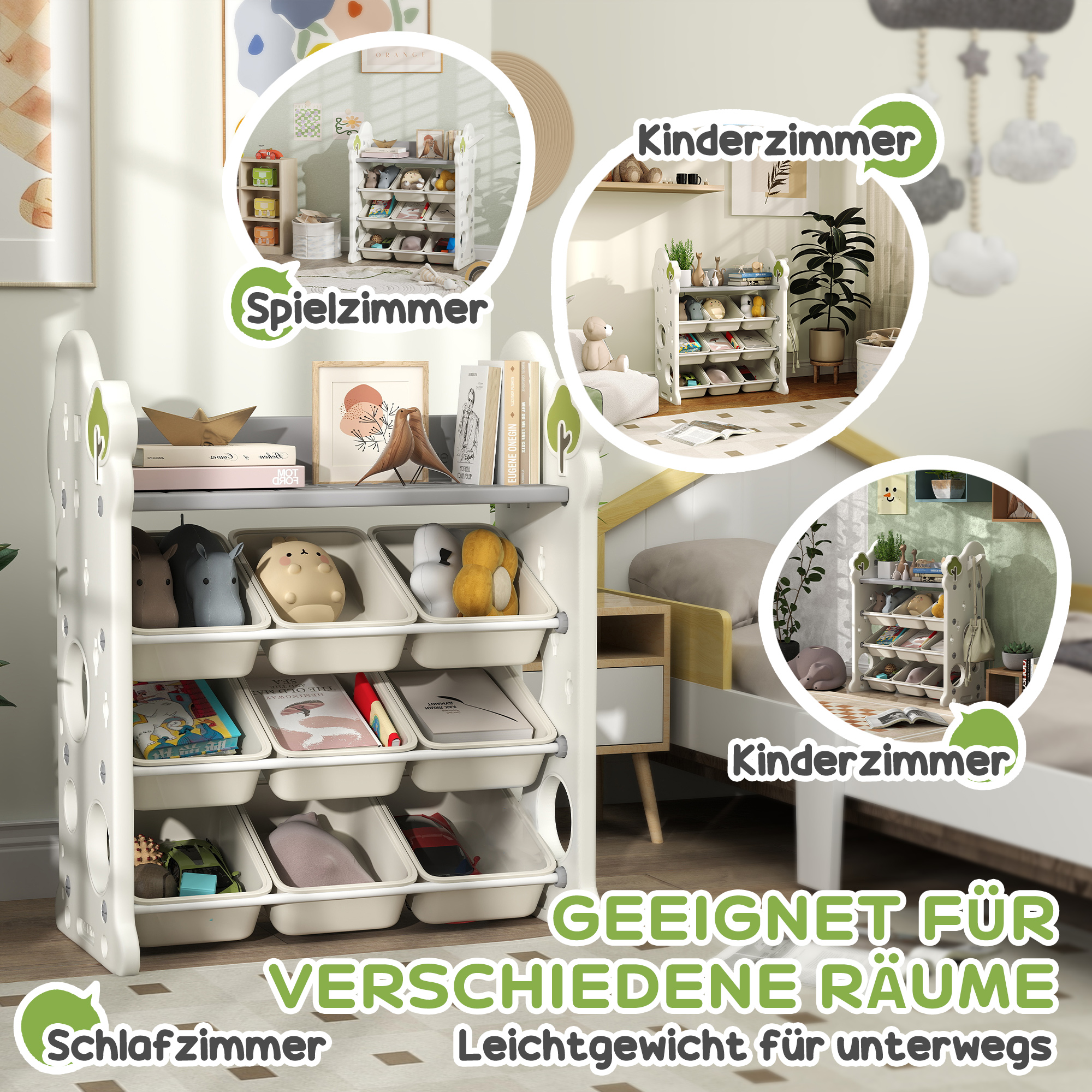 Kinder-Aufbewahrungsregal mit 9 Behältern, für Spielzeug und Bücher, Kinderzimmer, Kindergarten, Kunststoff, Cremeweiß