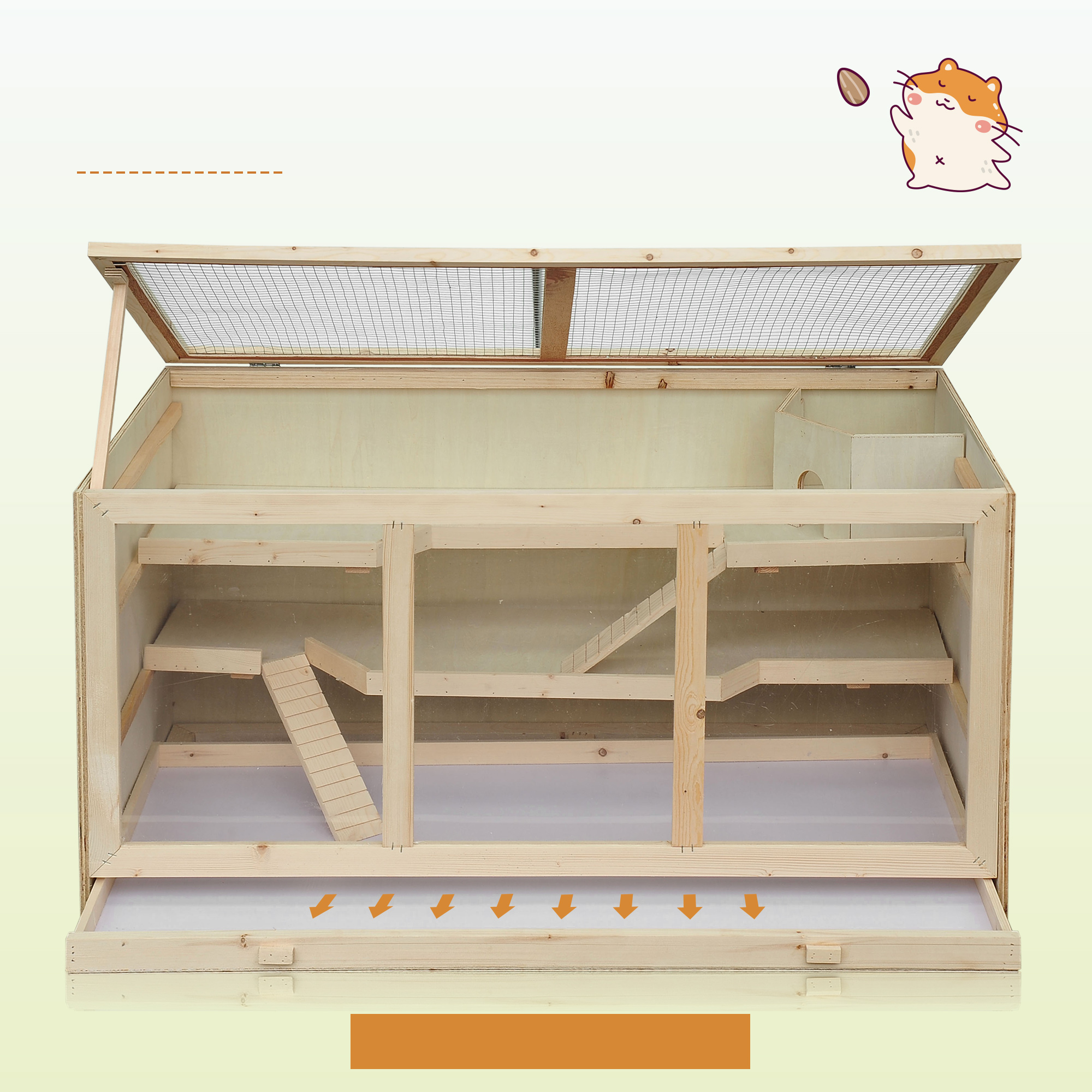 Hamsterkäfig aus Holz 3 Etagen Nagerkäfig mit reinigbar Ablage Kleintierkäfig mit klappbarem Deckel Treppen Holzkäfig Käfig für Hamster Zwerghamster 115 x 57 x 55 cm Naturholz