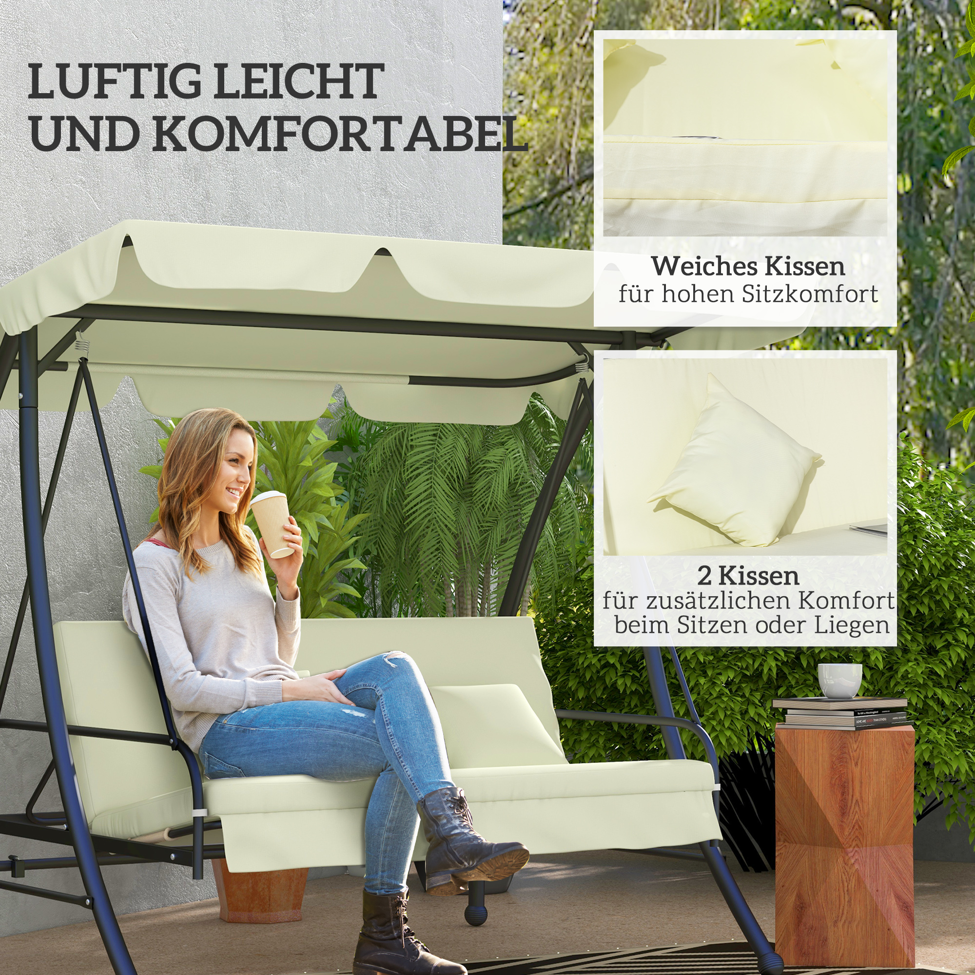 Hollywoodschaukel, Schaukelbank mit Liege-Funktion, 3 Sitzer, Metall+Polyester, 200 x 125 x 170 cm, Weiß