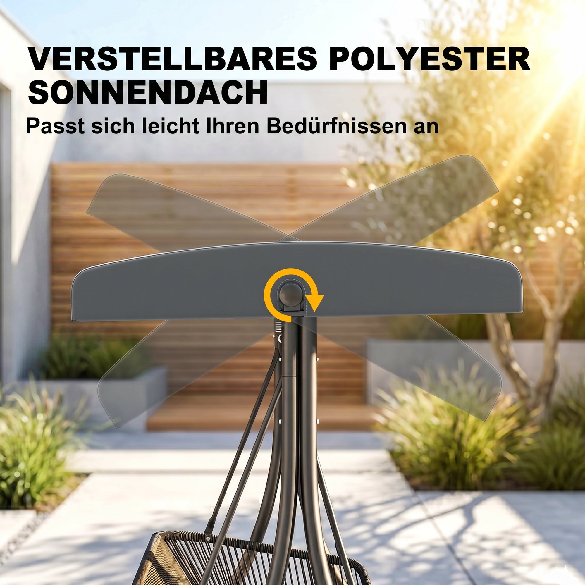 Hollywoodschaukel Rattan 2-Sitzer Gartenschaukel mit Verstellbarem Sonnendach weichem Kissen A-Rahmen Dunkelgrau