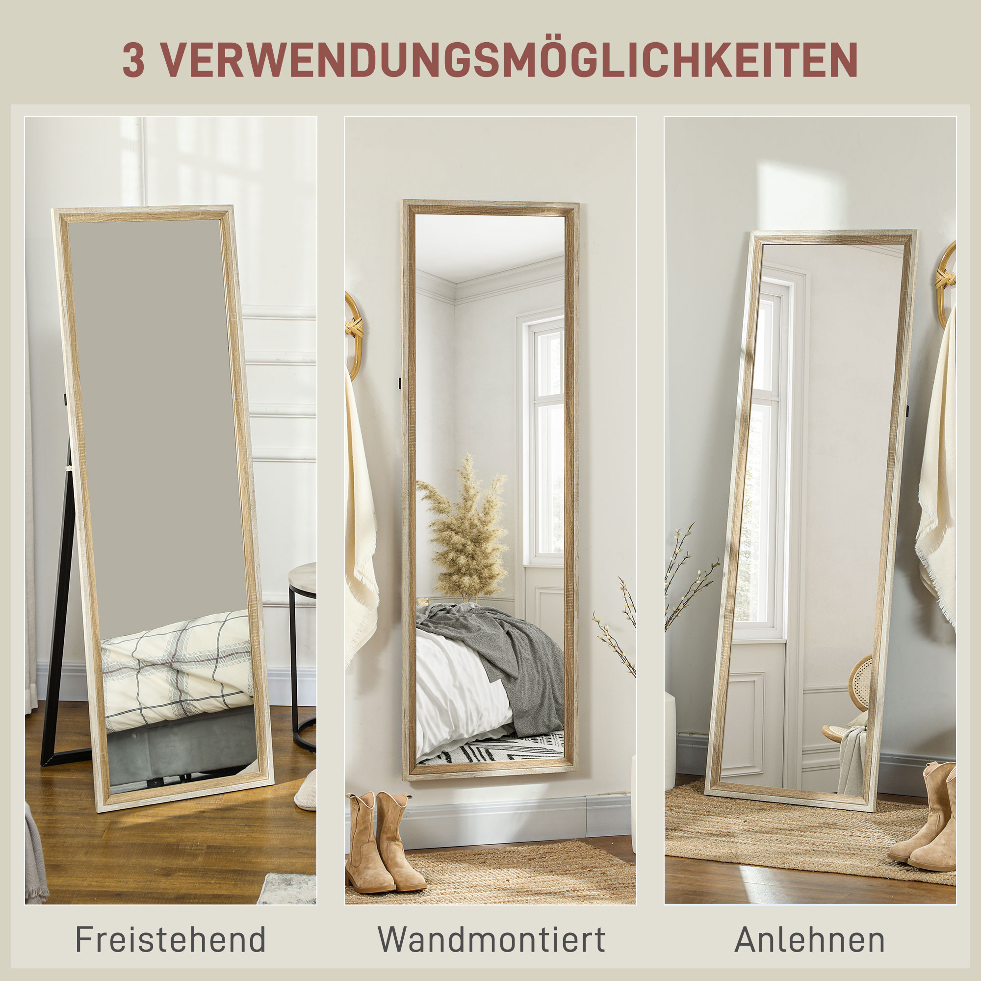Ganzkörperspiegel, MDF-Rahmen, splitterfreie Folie, 162,6 x 53,3 cm, Naturholz