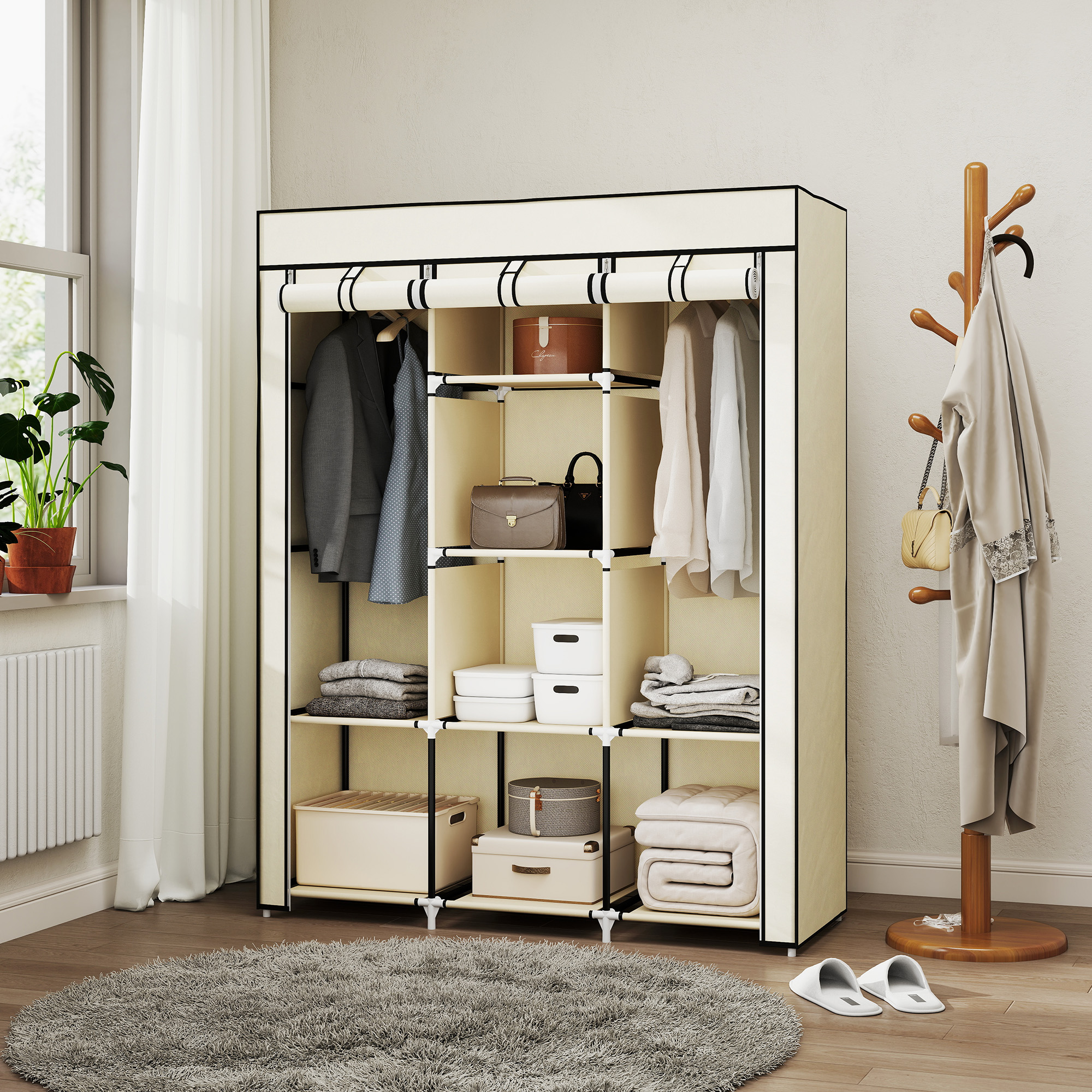 Schrank aus Stoff, Aufbewahrungslösung, 8 Regale, 2 Kleiderstangen, Cremeweiß