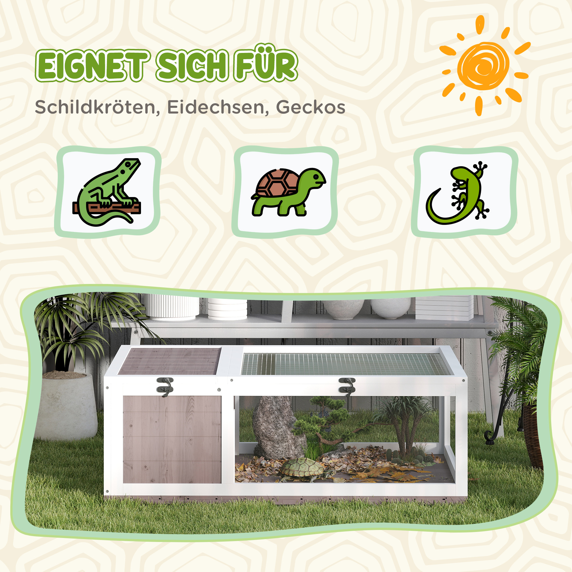 Schildkrötenhaus aus Holz Schildkrötengehege mit Haupthäusern aufklappbarem Oberseite 91x60,5x32 cm, Braun