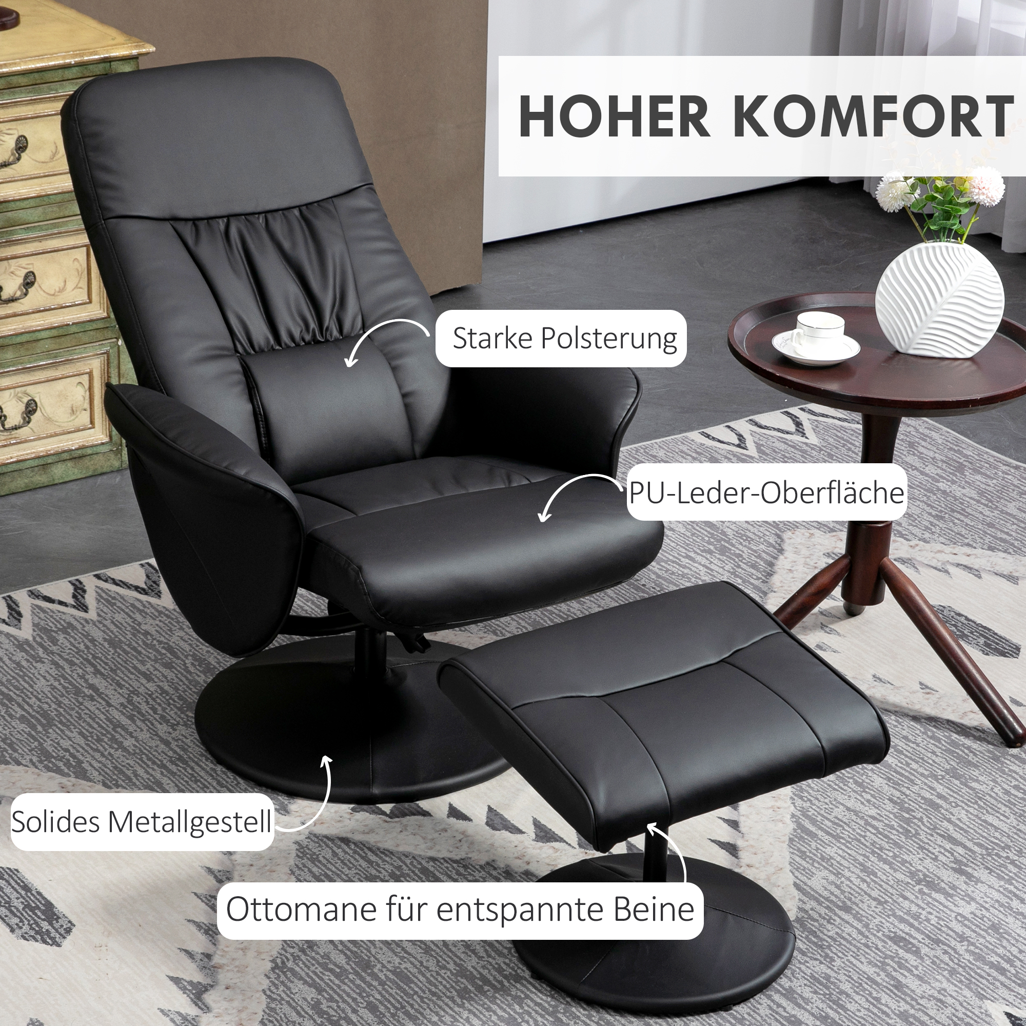 2-teiliges Sessel-Set Sessel mit Fußhocker Relaxsessel mit Fußhocker, höhenverstellbar, neigbare Rückenlehne, Schwarz