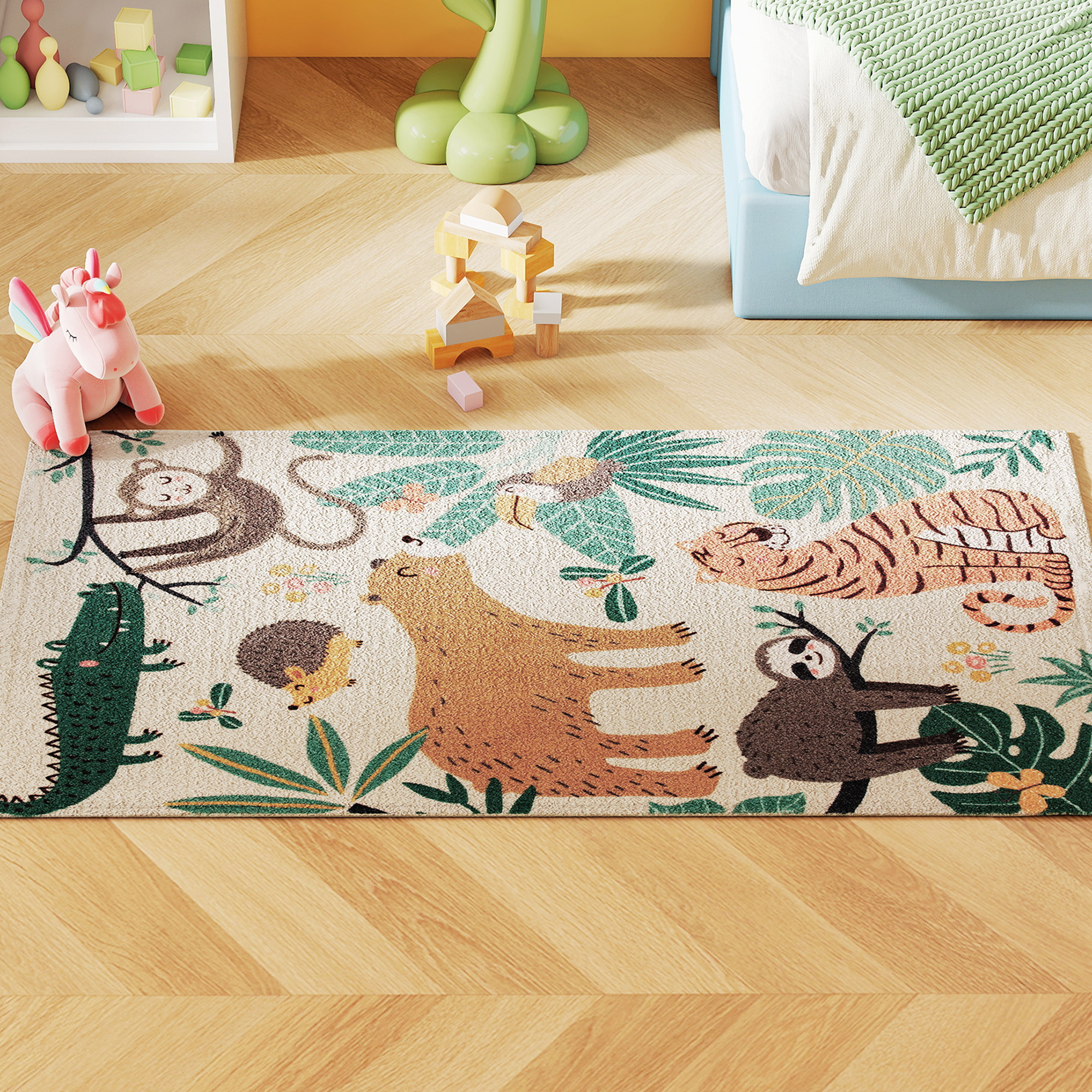 Fleece-Teppich mit Dschungel-Muster, pflegeleicht, Cremeweiß+Bunt