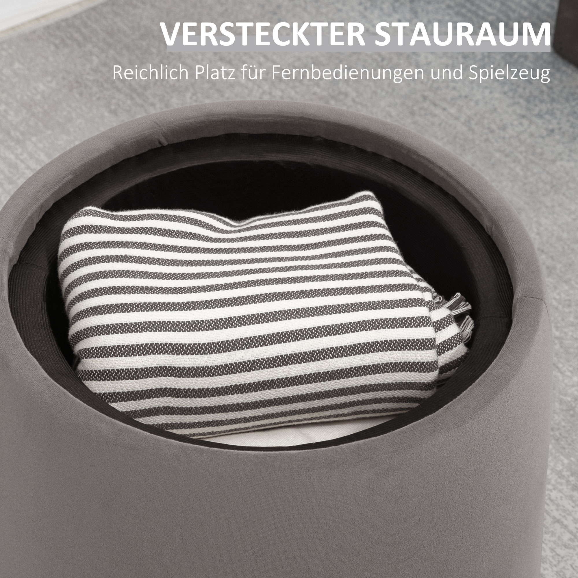 2-in-1 Hocker in Samtoptik inklusive Stauraum und abnehmbaren Deckel ?44 cm x 47,5 cm Grau