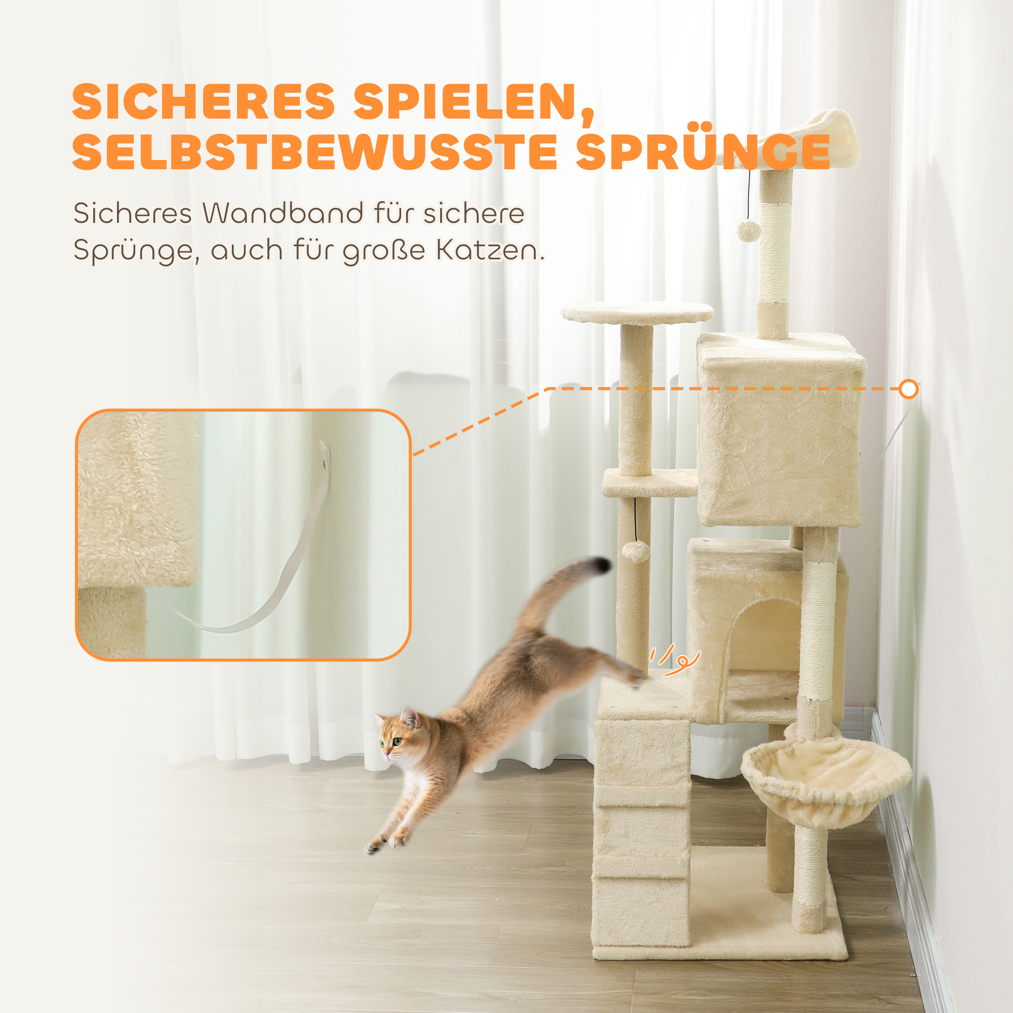 Kratzbaum 160 cm Katzenturm mit Hängematte, Leiter, Höhle, 2 Plüschballen, Sisalstämme, 48 x 48 x 160 cm, Beige
