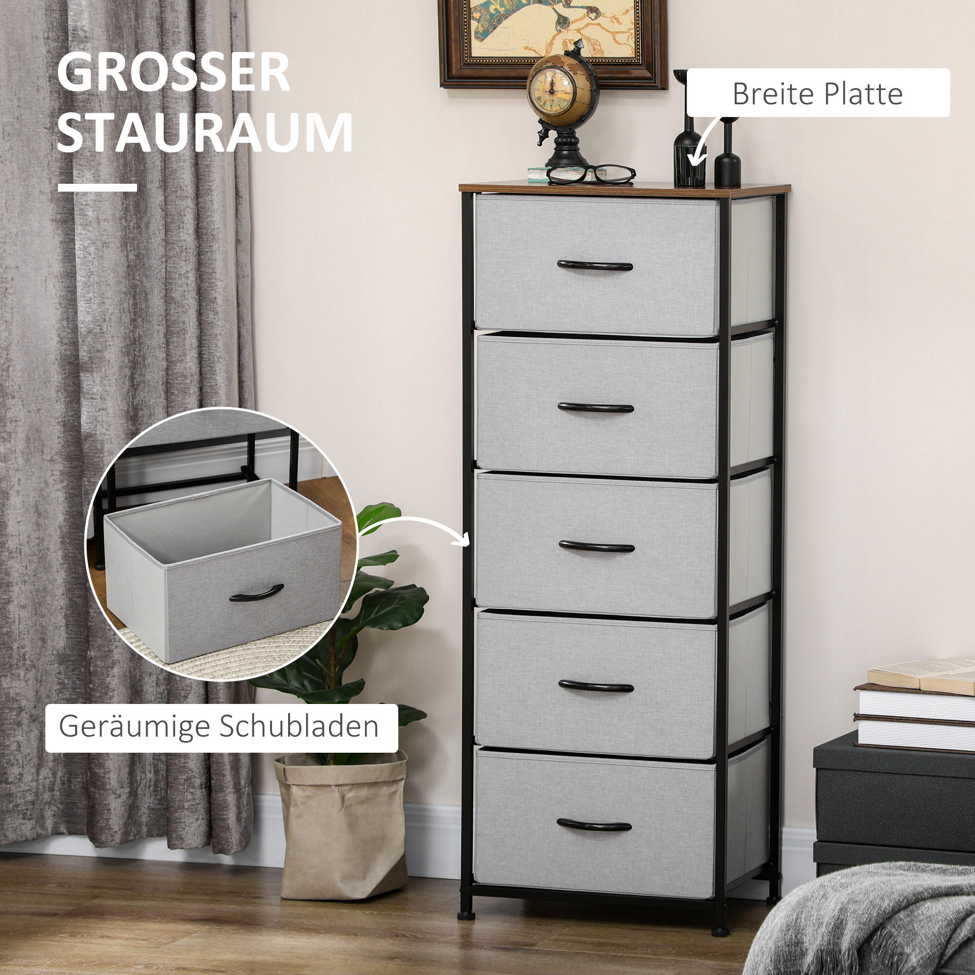 Kommode mit 5 Schubladen aus Stoff Aufbewahrungsschrank mit Griffen 45 x 30 x 116 cm Grau