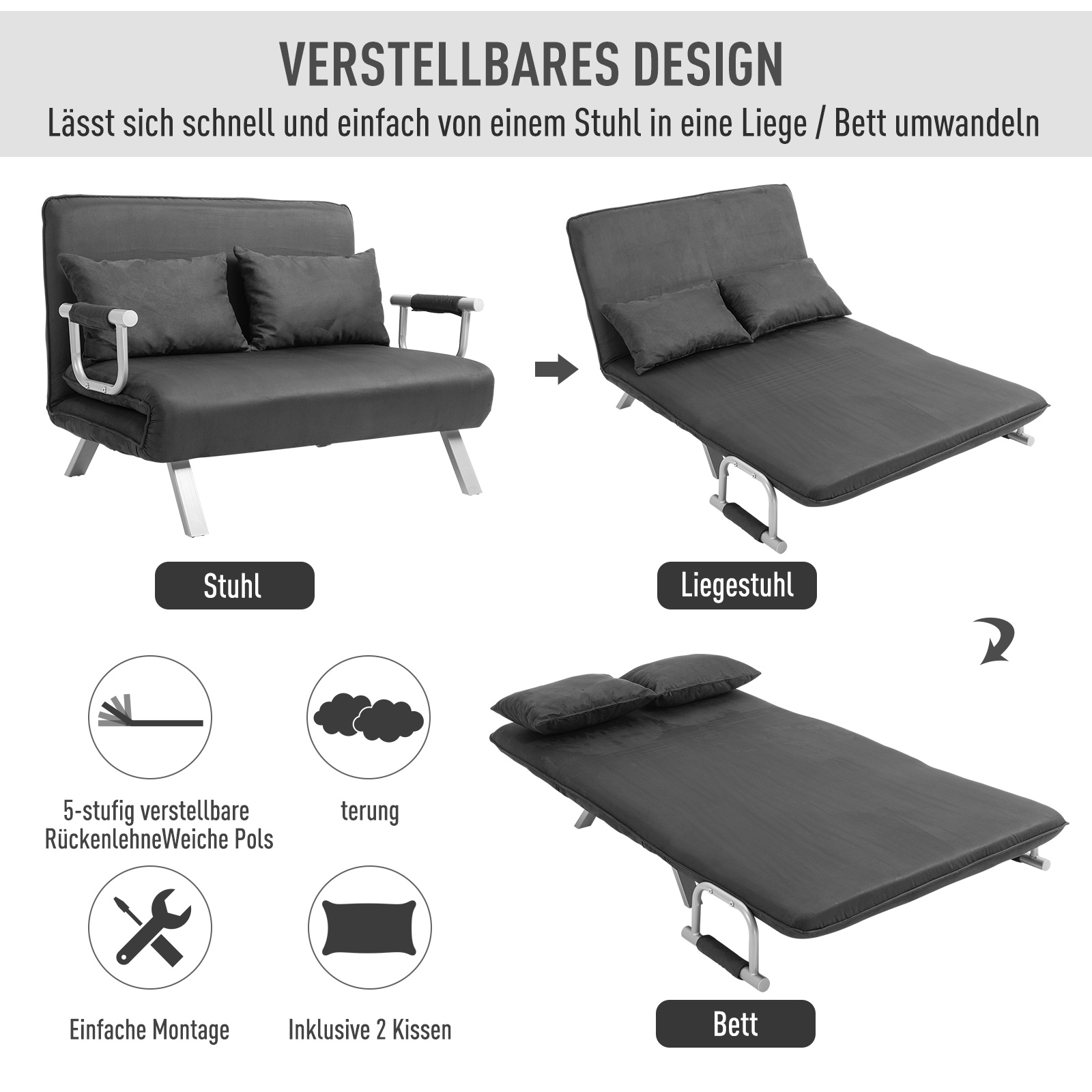 3 in 1 Schlafsofa 185x105cm Schlafcouch mit 5-stufig Verstellbarer Rückenlehne, Wurfkissen, 2 Sitzer Sofa mit Schlaffunktion, Samtoptik, Chaiselounge für Wohnzimmer, Schlafzimmer, Grau