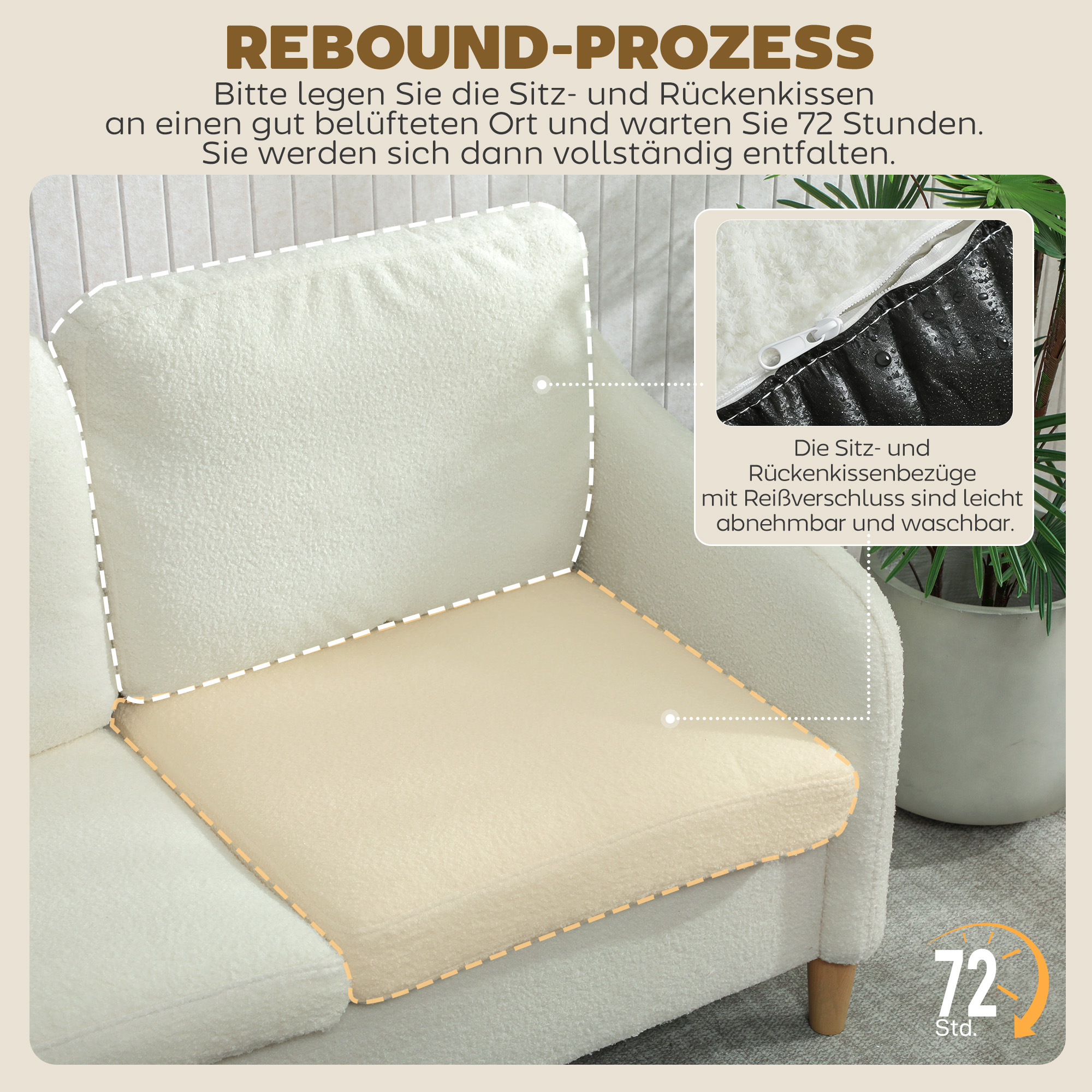 Sofa 2 Sitzer kleine Couch mit Sherpa-Fleece-Optik 137 cm für Wohnzimmer Cremeweiß