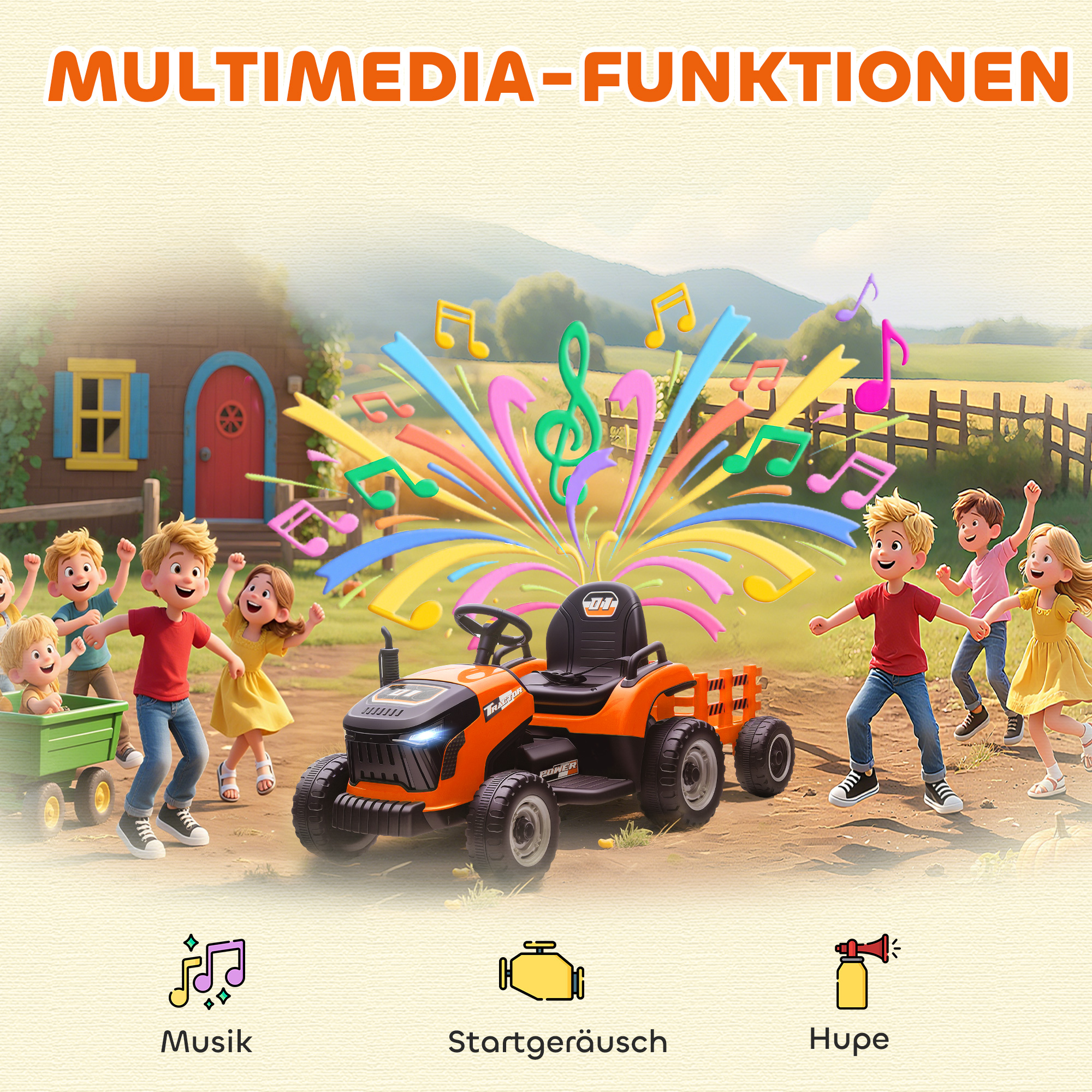 Kinderfahrzeug, Aufsitz-Traktor mit Fernbedienung, Soft-Start, für Kinder im Alter von 3-8 Jahren, Orange