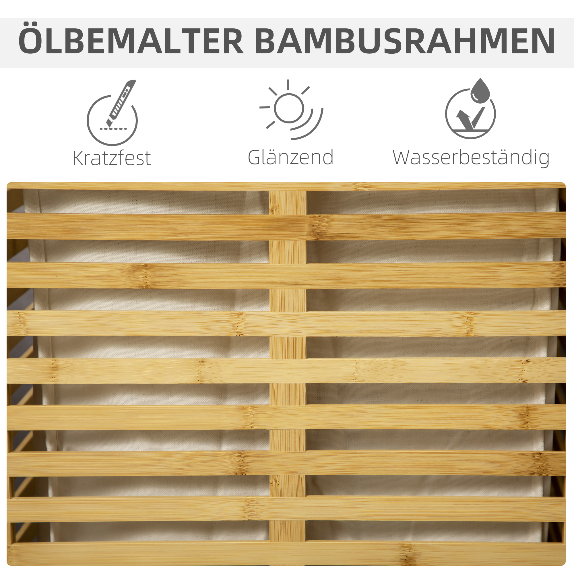 Bambus Wäschekorb mit 63 L Wäschesammler mit Deckel Wäschesack, Stange 44 x 37 x 62,5 cm Naturholz