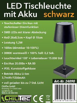 LED Akku Tischleuchte 26cm, dimmbar - USB-C, 160Lumen, 1200mAh, 3000k, schwarz