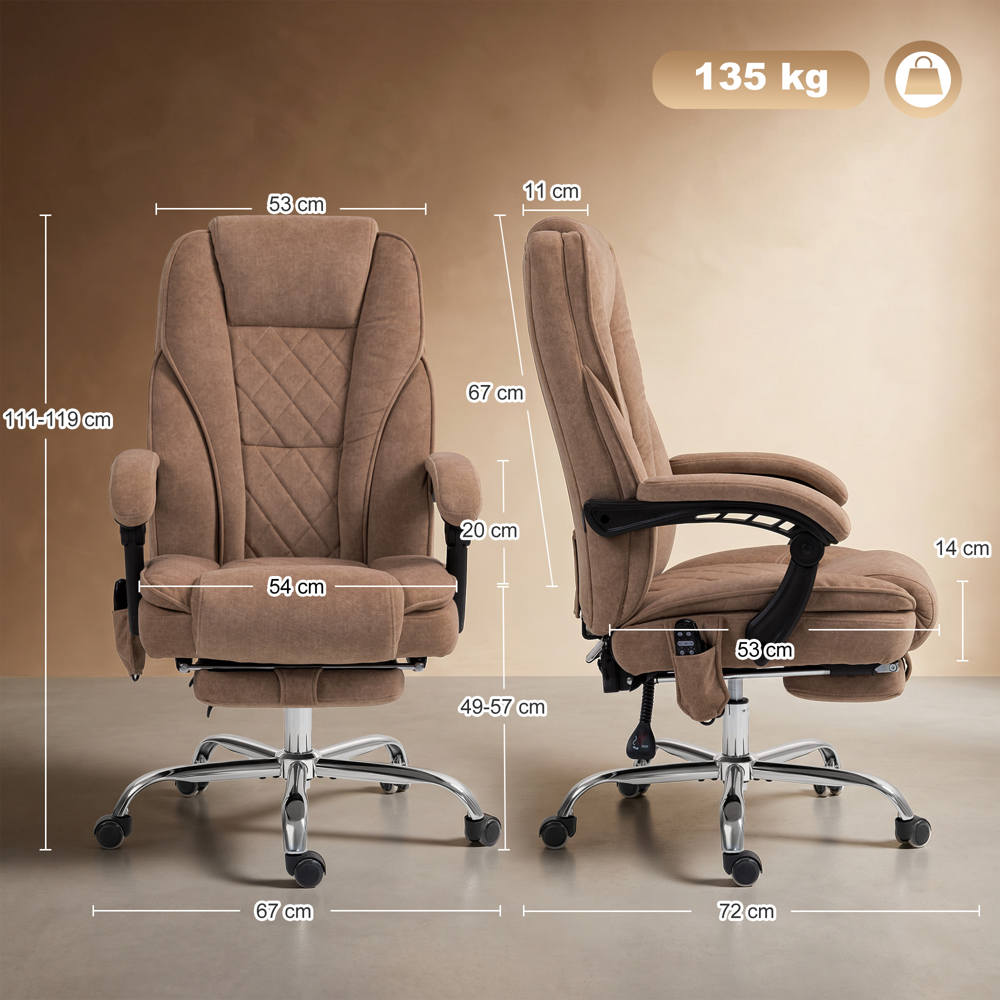Ergonomischer Bürostuhl mit Massagefunktion, Fußstütze, drehbar, rollbar, Braun