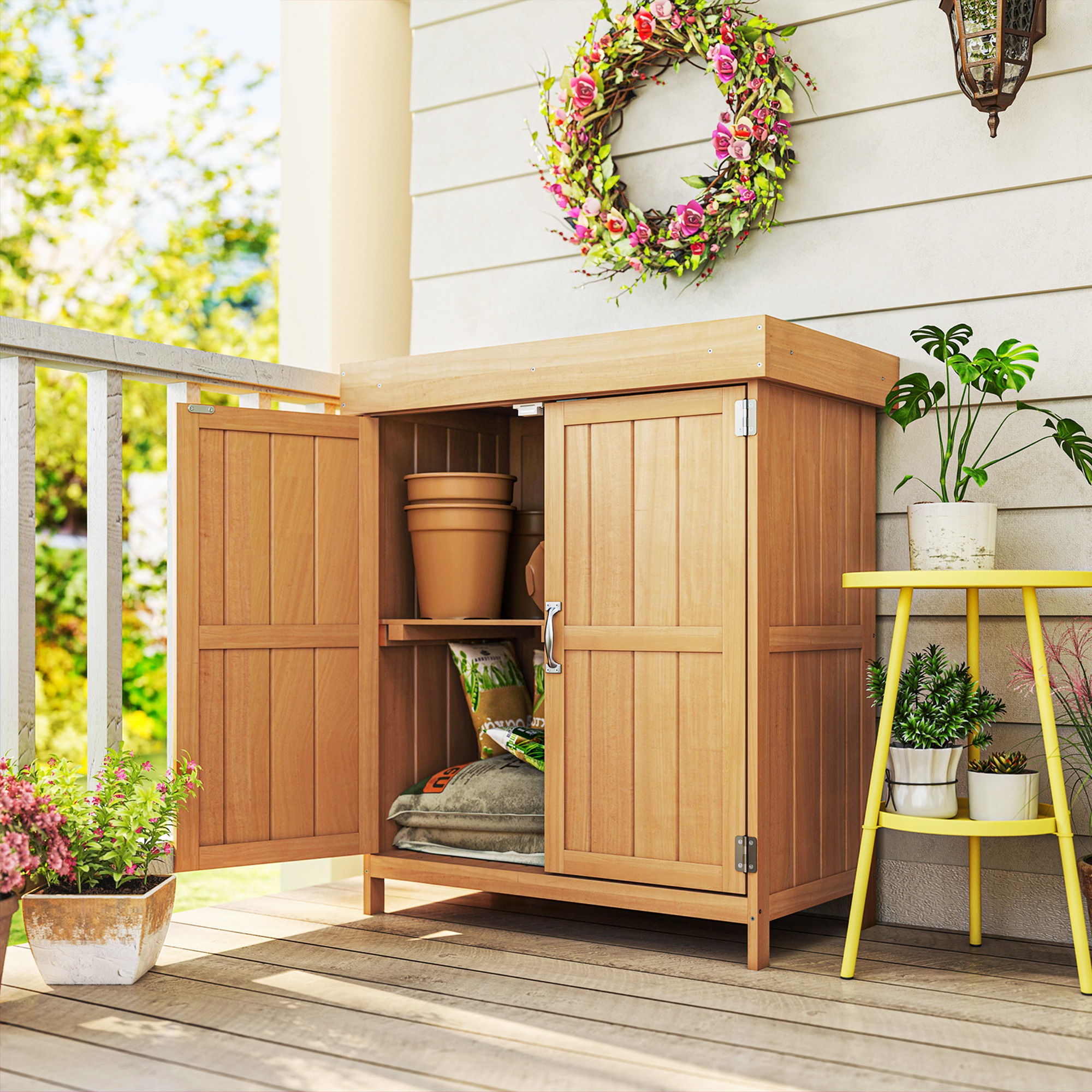 Gartenschrank Tannenholz, Geräteschuppen wetterfest 74x43x88cm, Gerätehaus mit Doppeltür, 2 Fächern, Geräteschrank, Gartenhaus Werkzeugschrank Gartenschuppen für Garten, Terrasse, Natur