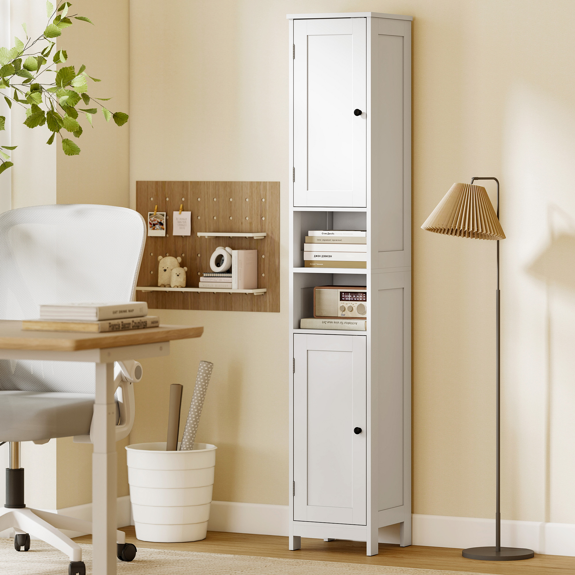 hoher schlanker Badezimmerschrank mit Türen, offene Regale, 30 x 30 x 170 cm, Weiß