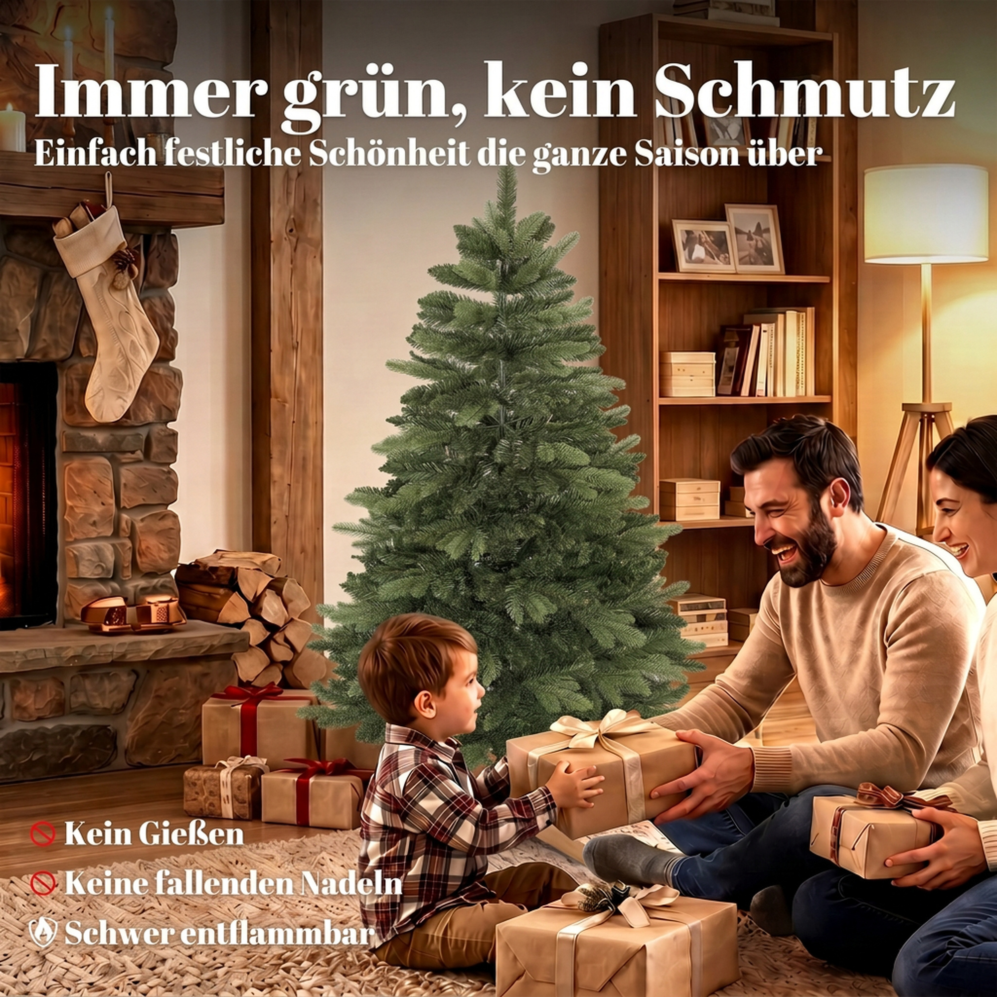 künstlicher Weihnachtsbaum 150 cm, Edeltanne, voll mit Klappästen, 525 Spitzen, faltbarer Holzständer, Grün