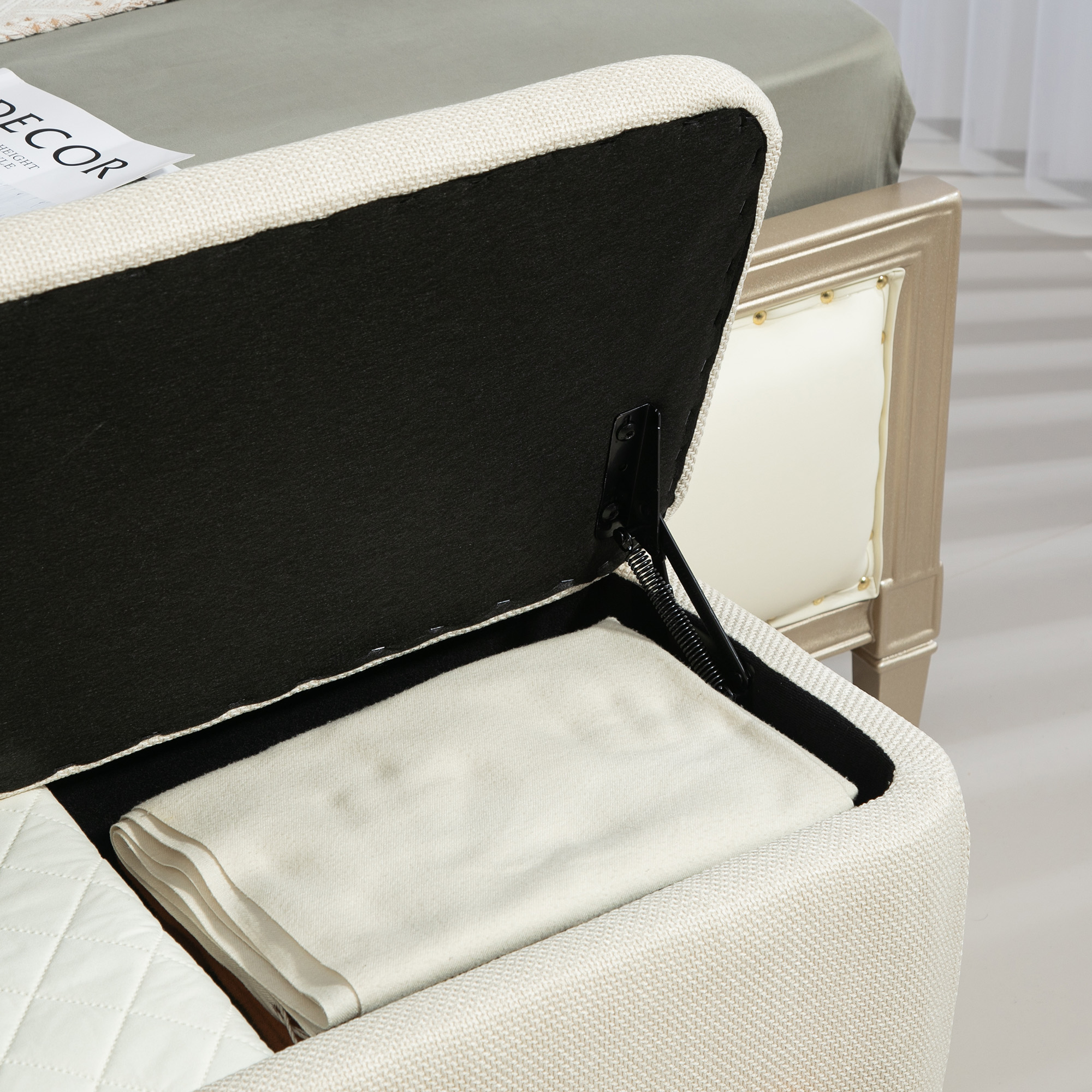 Hocker mit Stauraum, Sitzbank mit Schaumstoffpolsterung, Leinenimitat, 111 x 44 x 44,5 cm, Cremeweiß