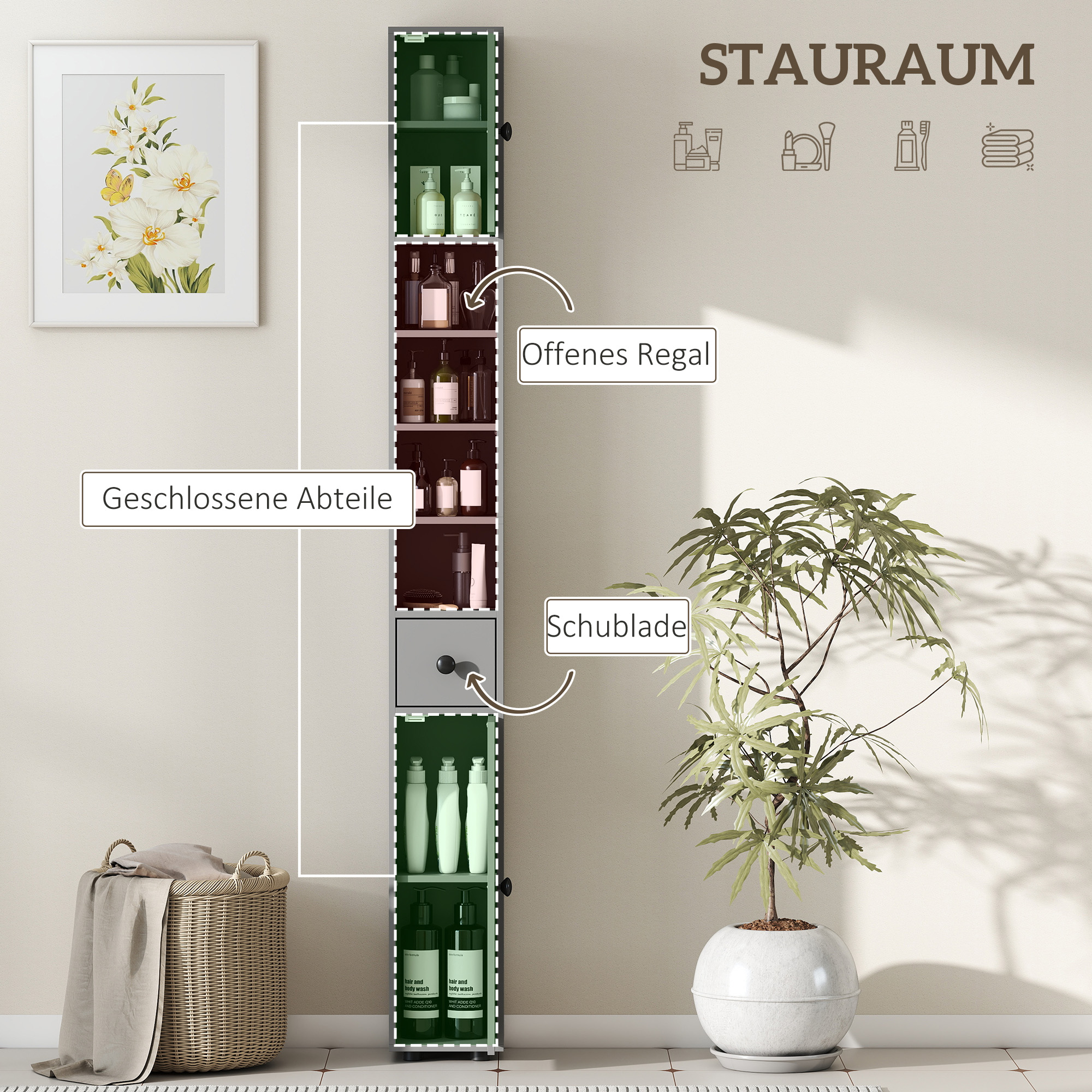 Badezimmerschrank, 4 Regale, Schublade, Spanplatte, schlankes Design, Grau