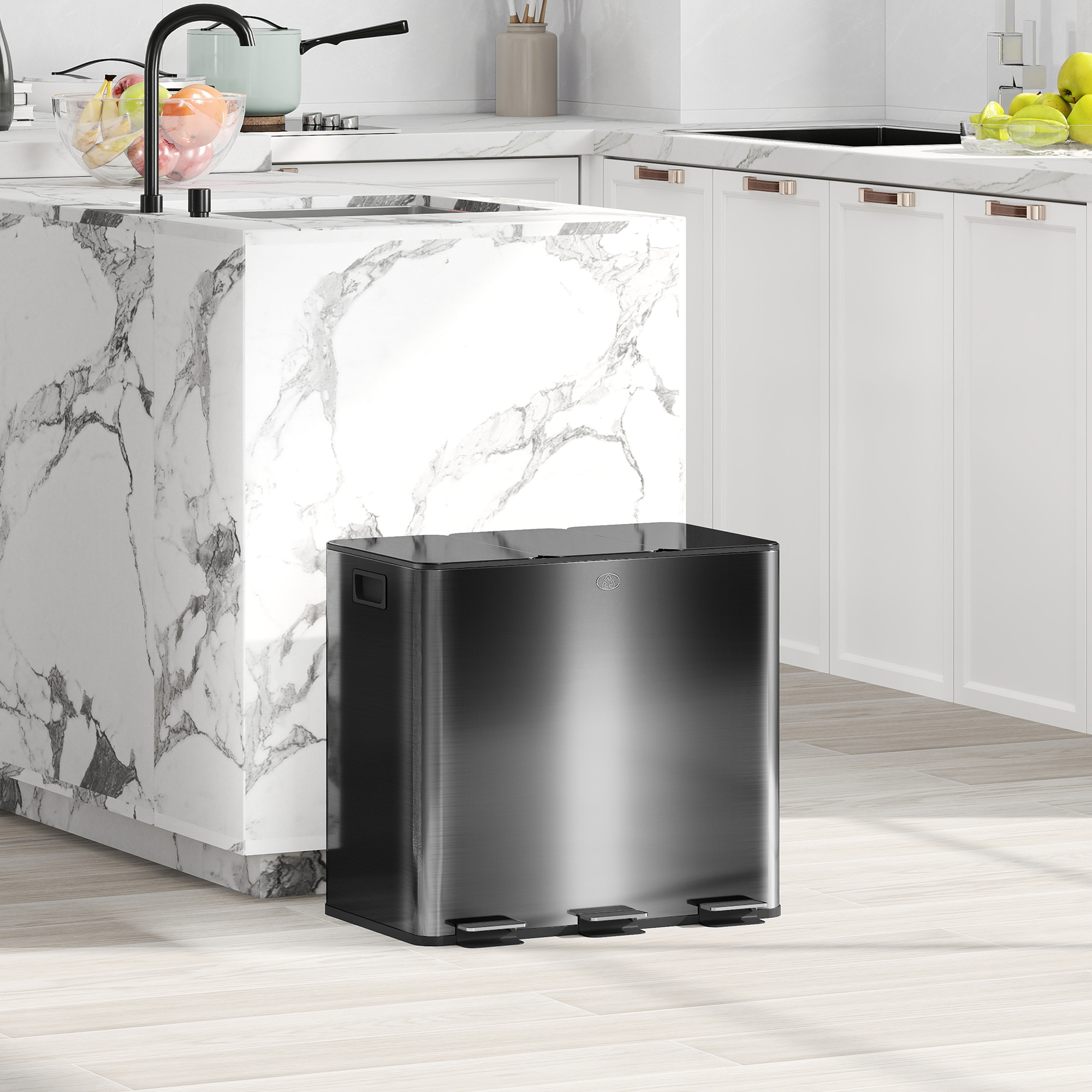 Mülleimer mit 3 x 20 L Fächern, Deodorant-Deckel, fingerabdrucksicher, Soft-Close, herausnehmbar, Schwarz