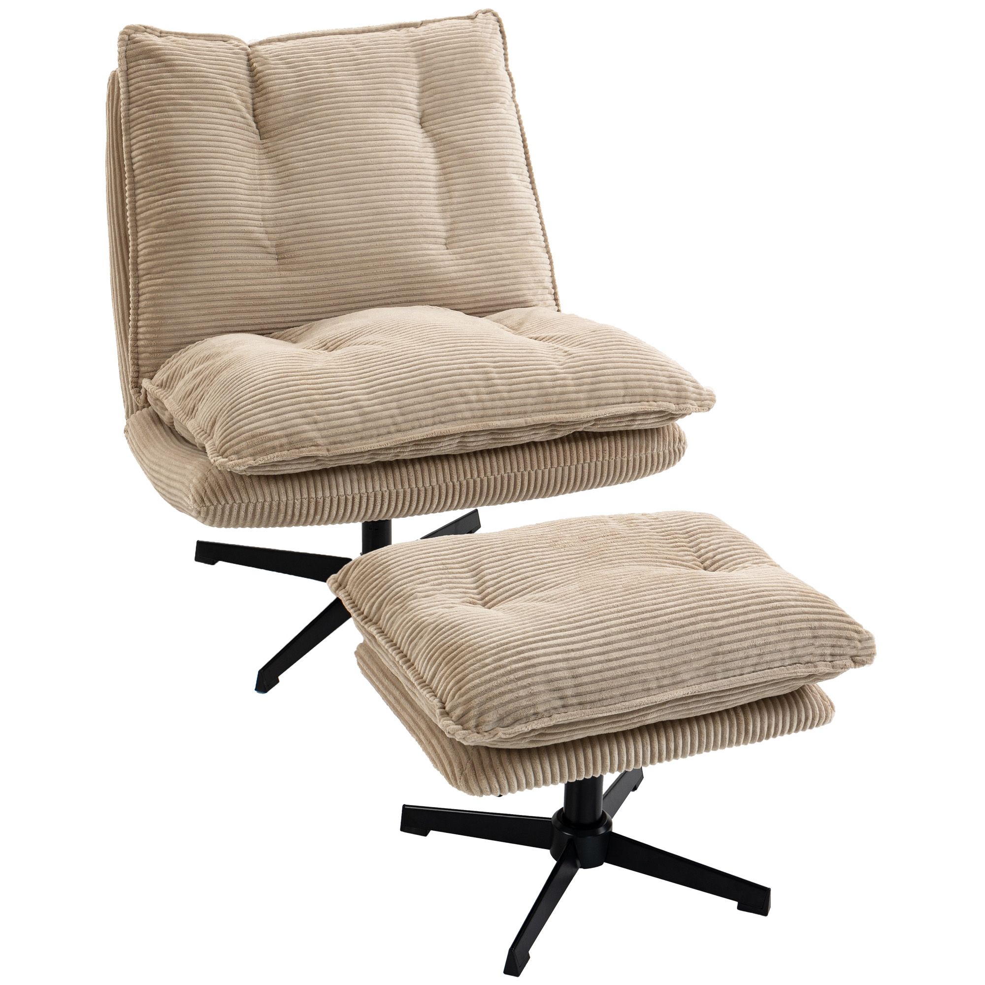 Loungesessel mit Hocker, 360° drehbar, Cordbezug, höhenverstellbare Fußstütze, Beige