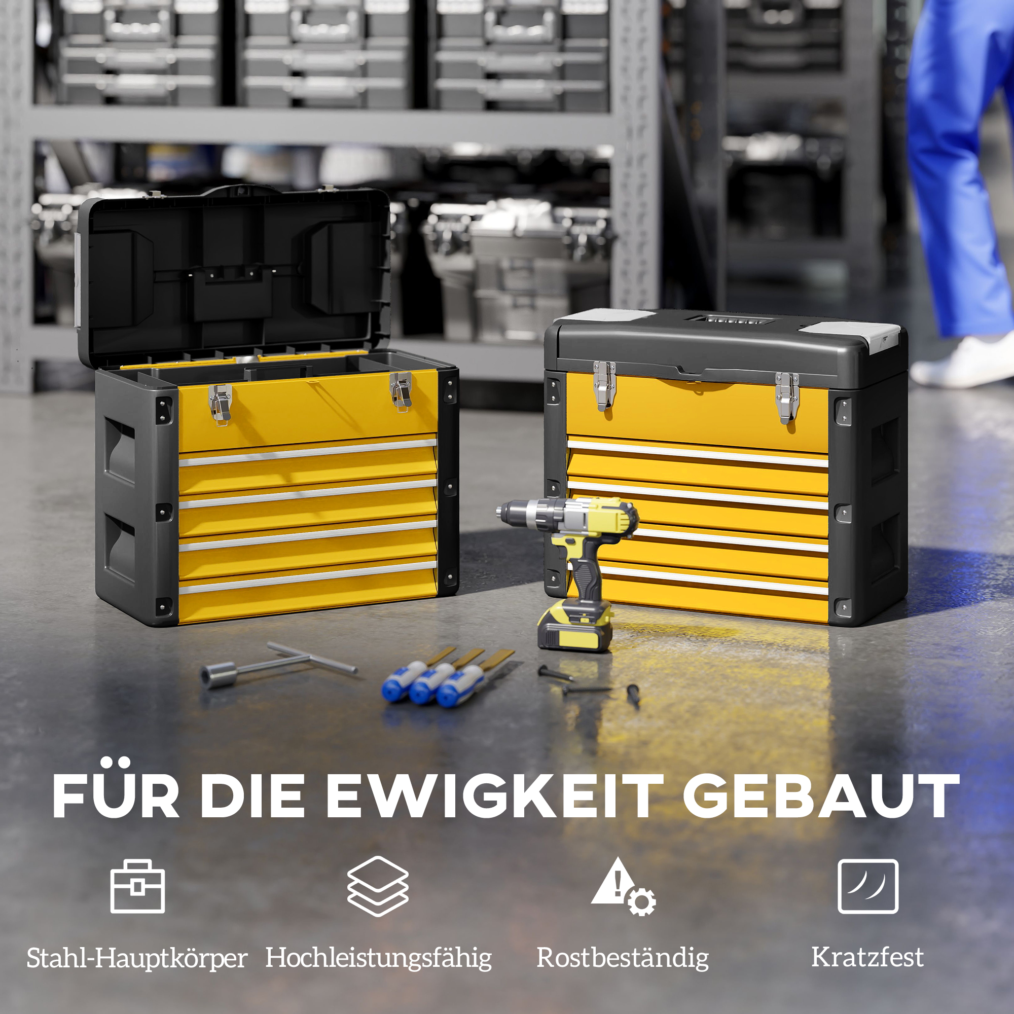 Werkzeugkiste leer, 49,7 x 25,3 x 40,7 cm Werkzeugkasten mit 4 Schubladen, Mini-Box Stahl Gelb