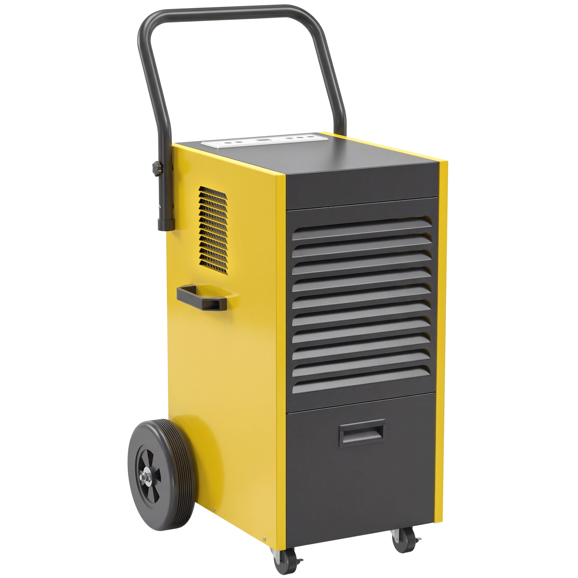 Gewerbe-Luftentfeuchter 70L/Tag mit Rädern und Griff, kontinuierlicher Ablaufschlauch, 24-Stunden-Timer, 5,5L Tank, Gelb