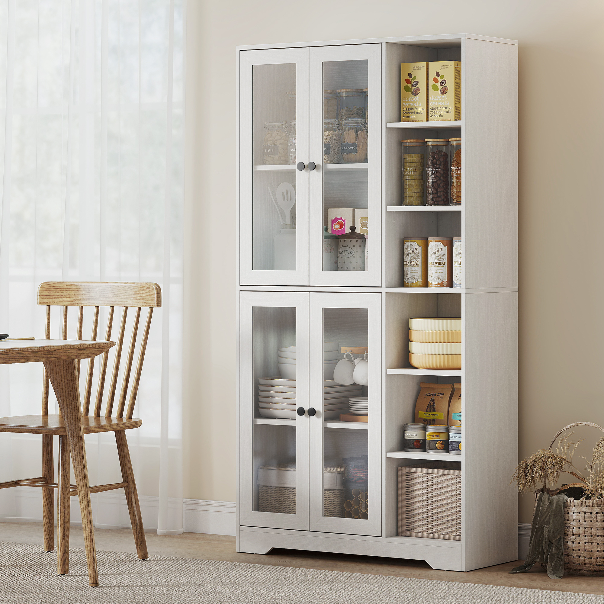 Küchenschrank mit Glastüren, Regale, offene Ablagen, 172 cm groß, MDF, Weiß