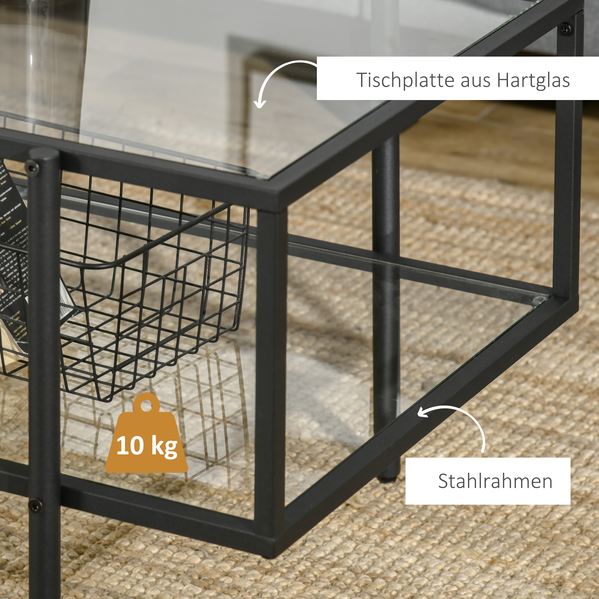 Couchtisch mit Ablage, verstellbare Füße, Stahlrahmen, Glasplatte, 100 x 55 x 45,5 cm, Weiß