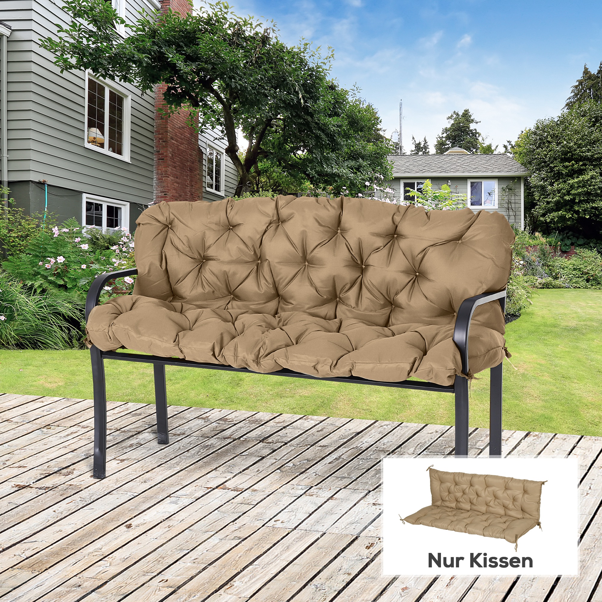 3 Sitzer Bankauflage 150x98x8 cm Bankkissen mit Bändern, Bankpolster für Gartenmöbel Hollywoodschaukel, Khaki