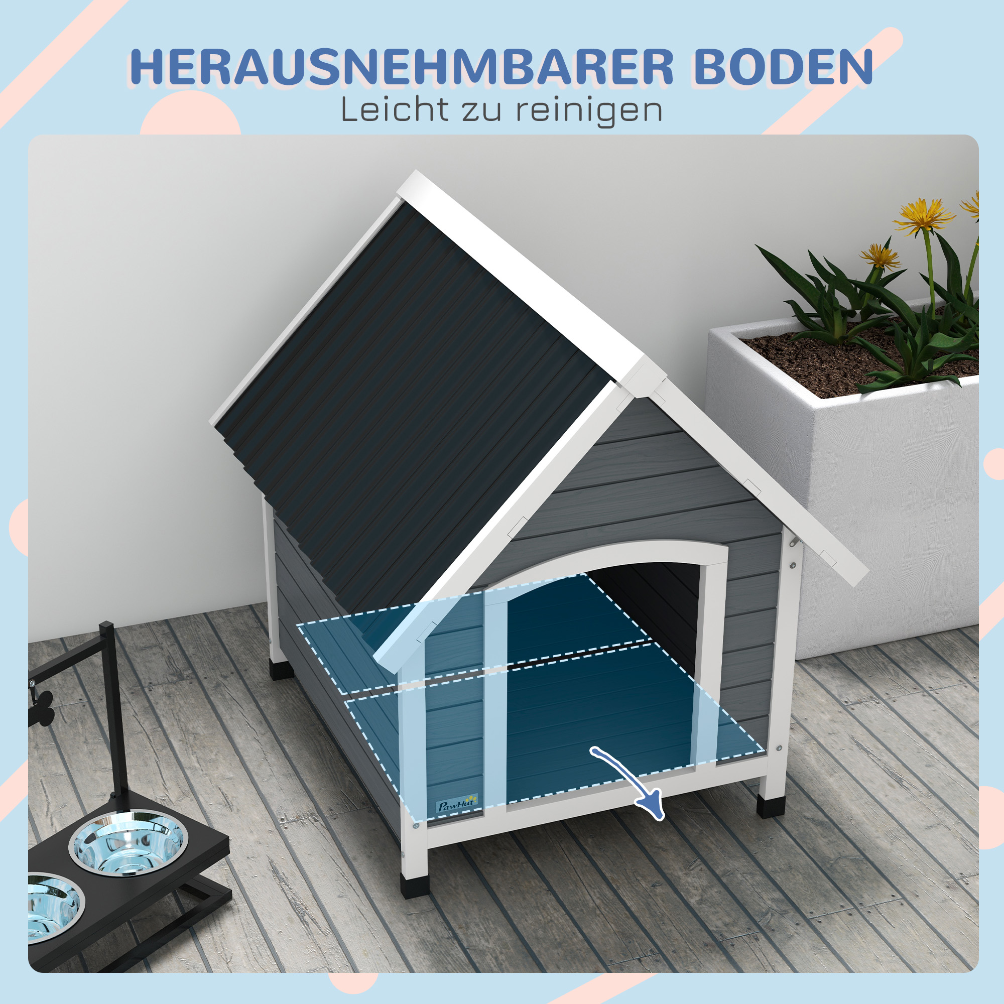 Hundehütte, wetterfest, herausnehmbarer Boden, Tannenholz, 75x88x82 cm, Grau/Schwarz