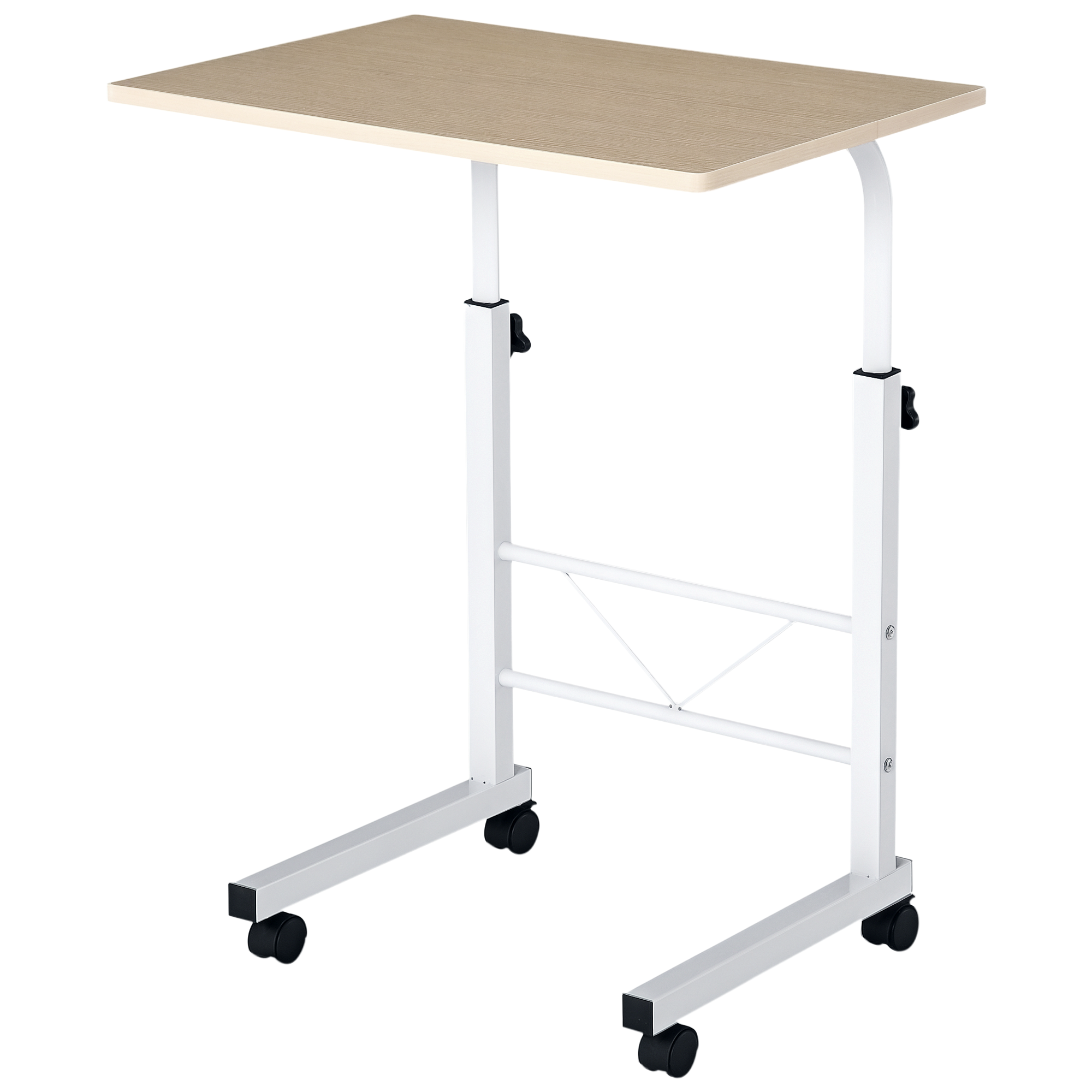Beistelltisch höhenverstellbarer Couchtisch mobiler Endschreibtisch mit Rädern Feststellbremsen C-Tische Spanplatte Stahl Eisen Kunststoff Weiße Ahornfarbe 60 x 40 x 68-78 cm