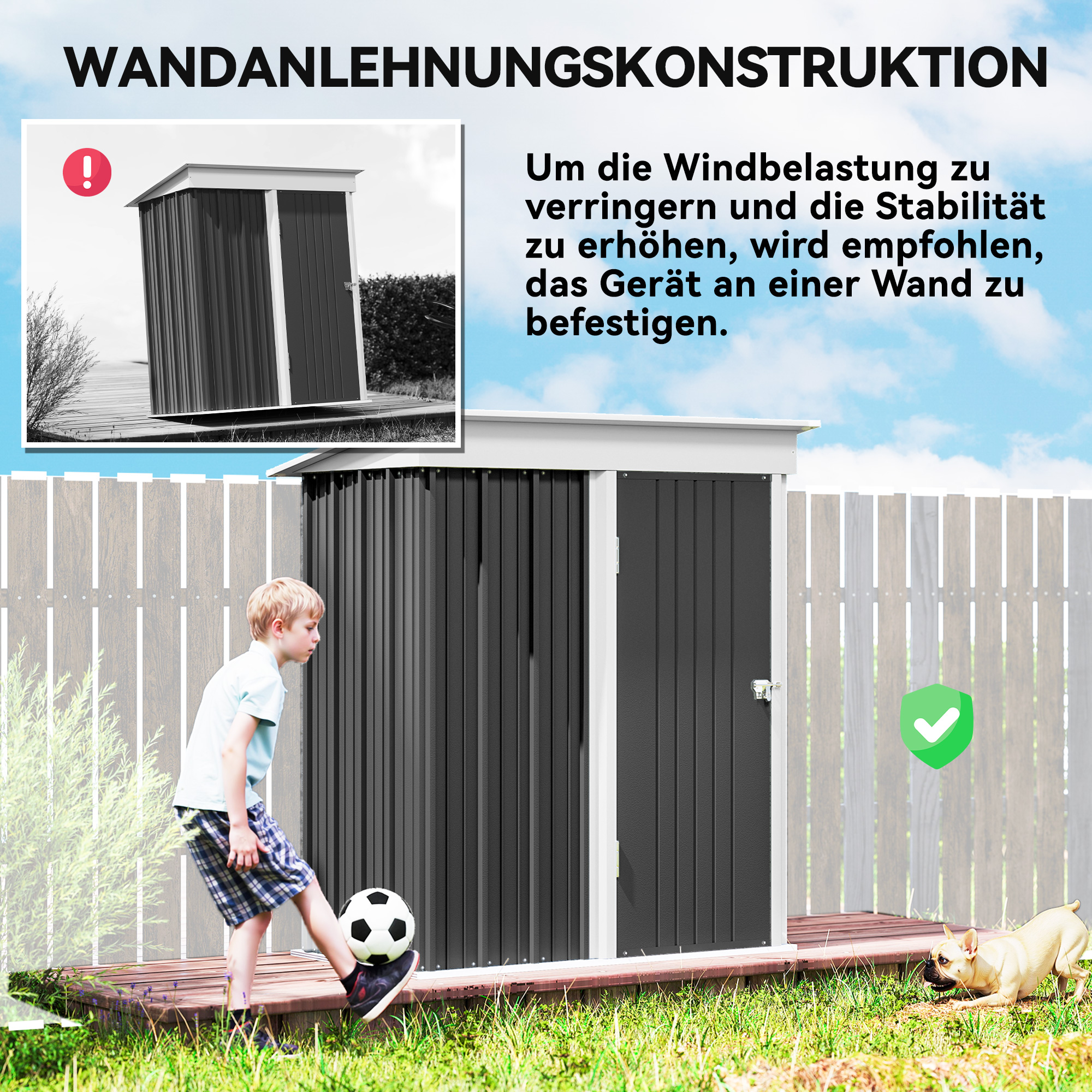 Gartenschuppen, Outdoor-Geräteschuppen aus Wellstahl, Wanddesign, verstellbare Regalböden, verschließbare Tür Dunkelgrau
