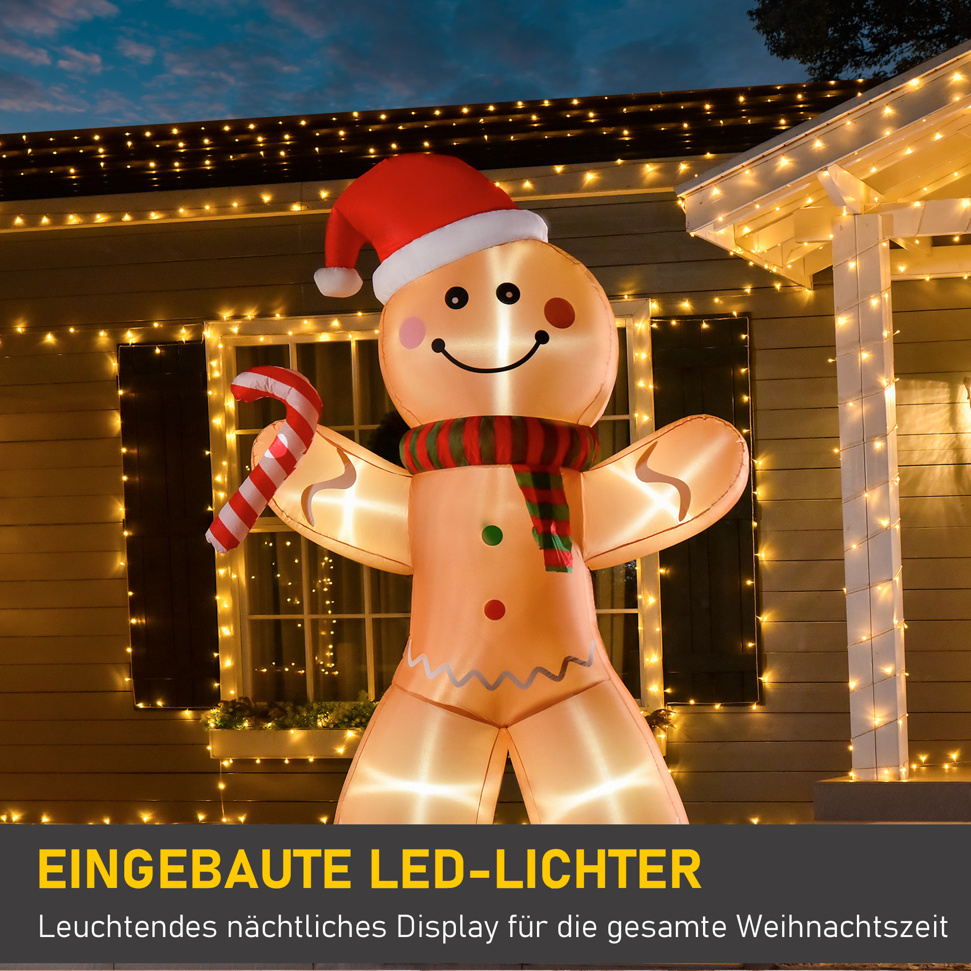 Selbstaufblasender Lebkuchenmann, inkl, Gebläse, Weihnachtsdekoration 2,4 m mit LED-Lichtern