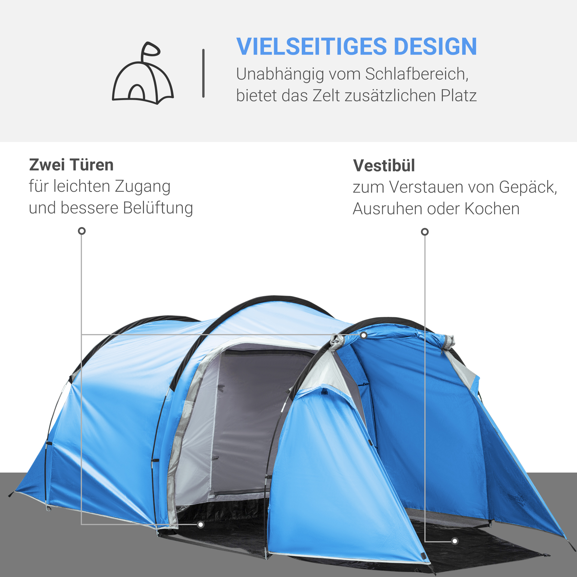 Campingzelt, Wurfzelt für 2-3 Personen, Vorraum & Schlafbereich, wasserdicht, 426 x 206 x 154 cm, Hellblau