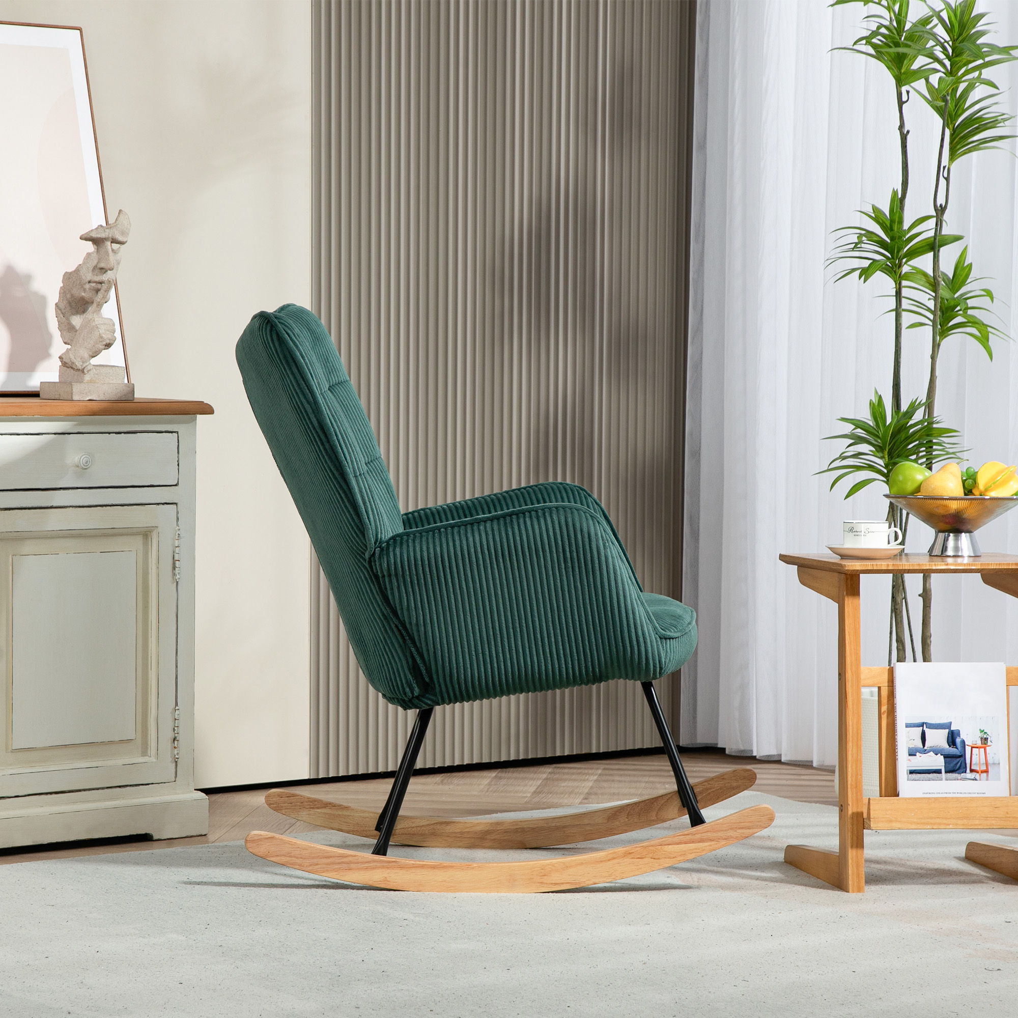 Schaukelstuhl, Buchenholz-Kufen, dicke Polsterung, Dunkelgrün, bis 120 kg