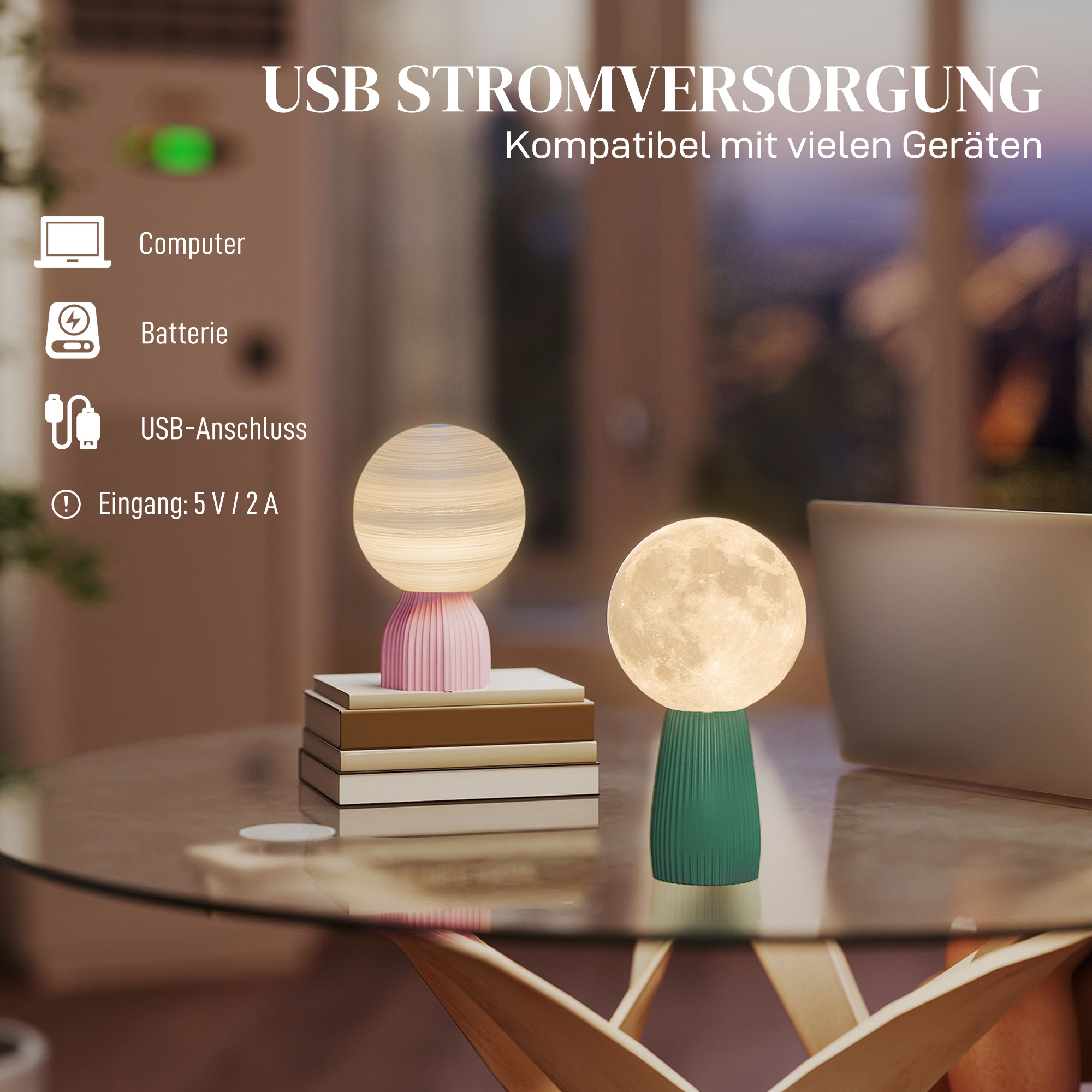 Tischlampen-Set in Planeten-Optik, 3-farbig, USB, Kunststoff, Weiß