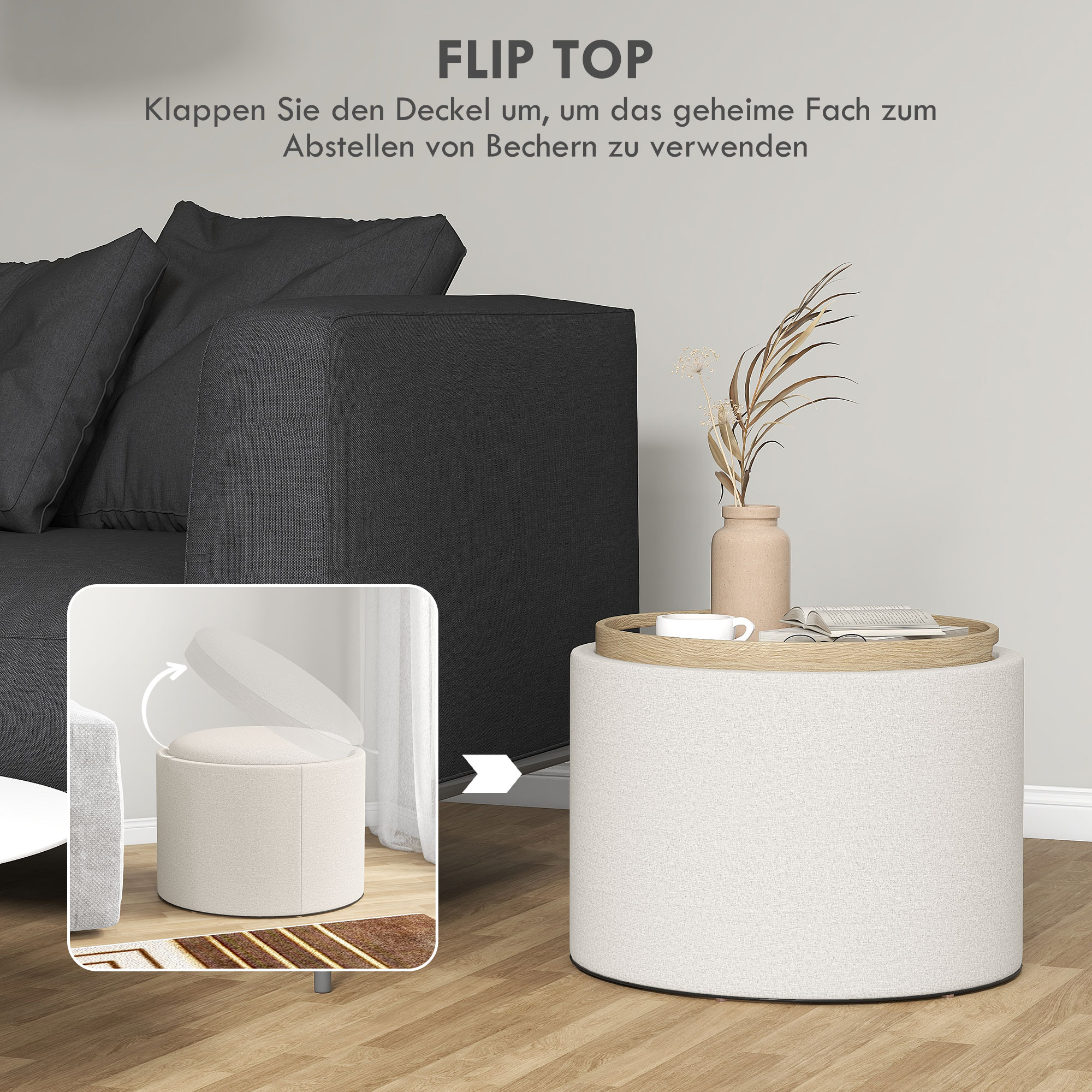 Hocker Polsterhocker, Leinen, versteckter Stauraum, umkehrbarer Deckel, 5 6cm x 56 cm x 42 cm, Creme + Natur
