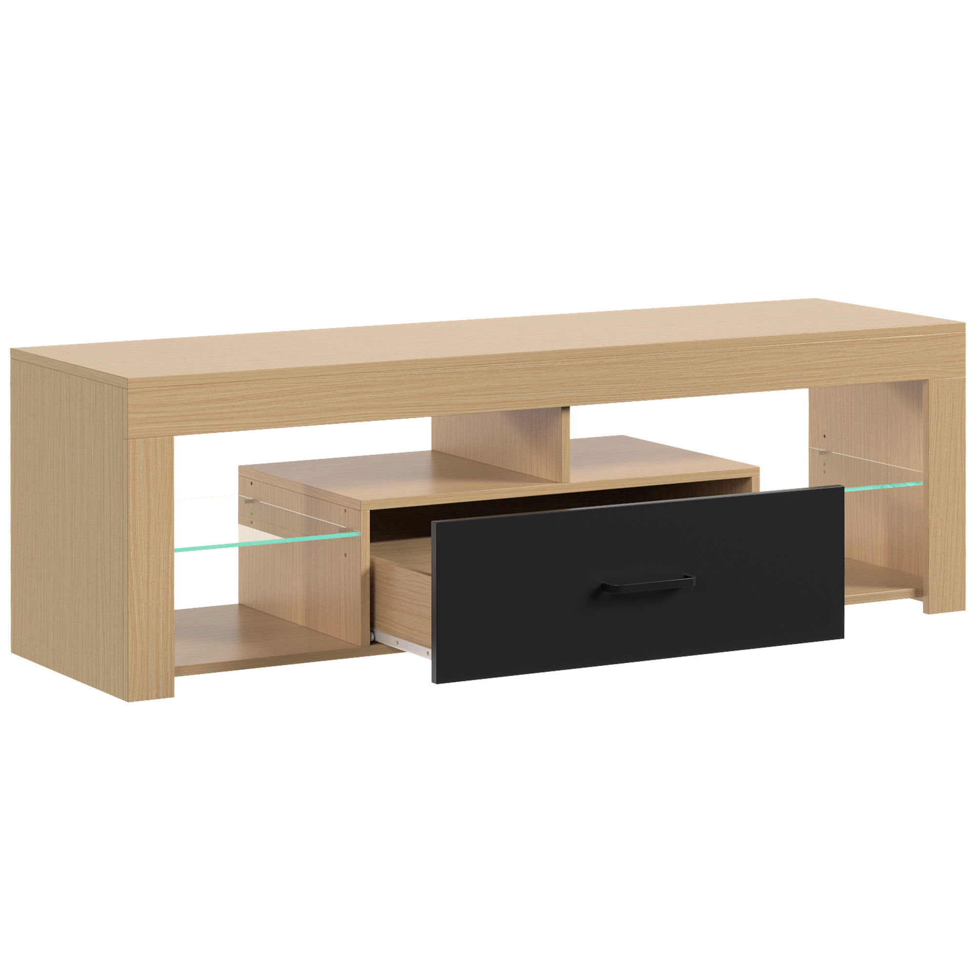 TV-Lowboard für Fernseher bis 65 Zoll, moderner TV-Schrank mit verstellbaren Glasböden, Eiche