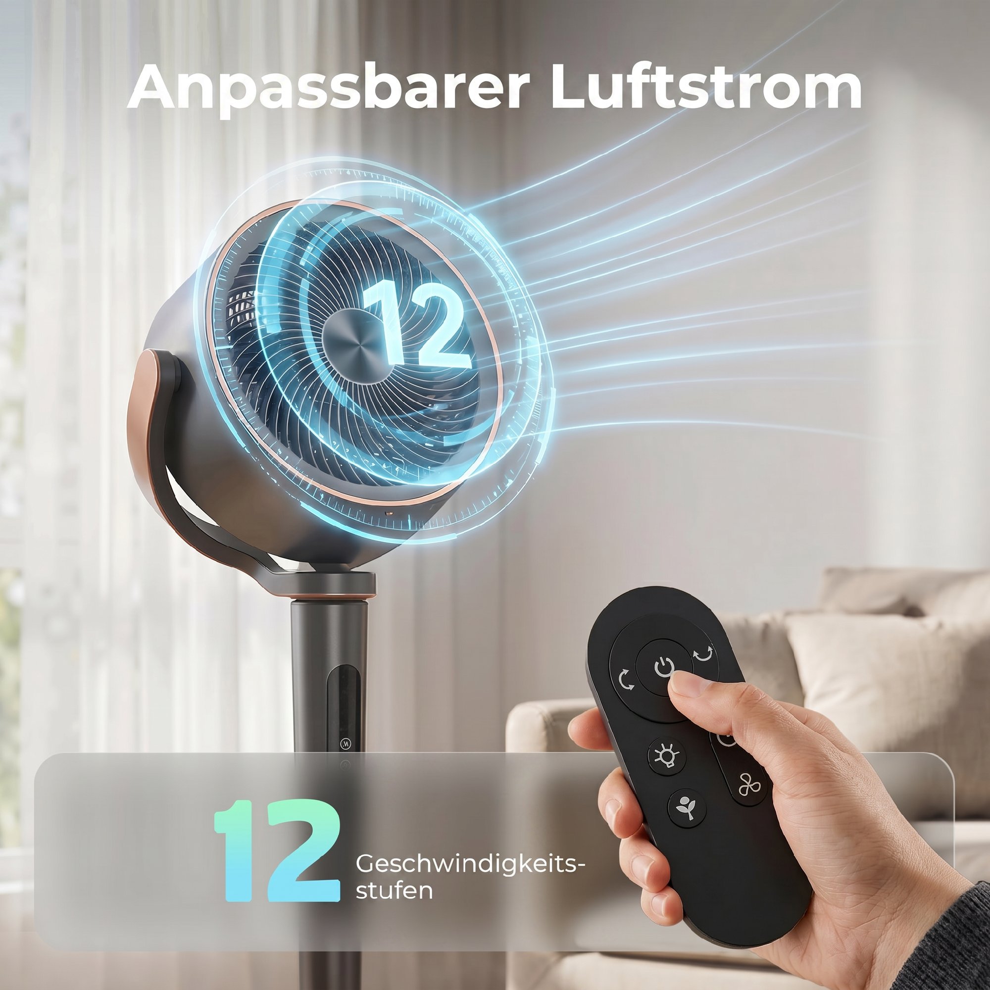 Standventilator Luftzirkulator Lüfter mit 12 Geschwindigkeitsstufen LED-Display Fernbedienung 70°+90° Oszillation Grau