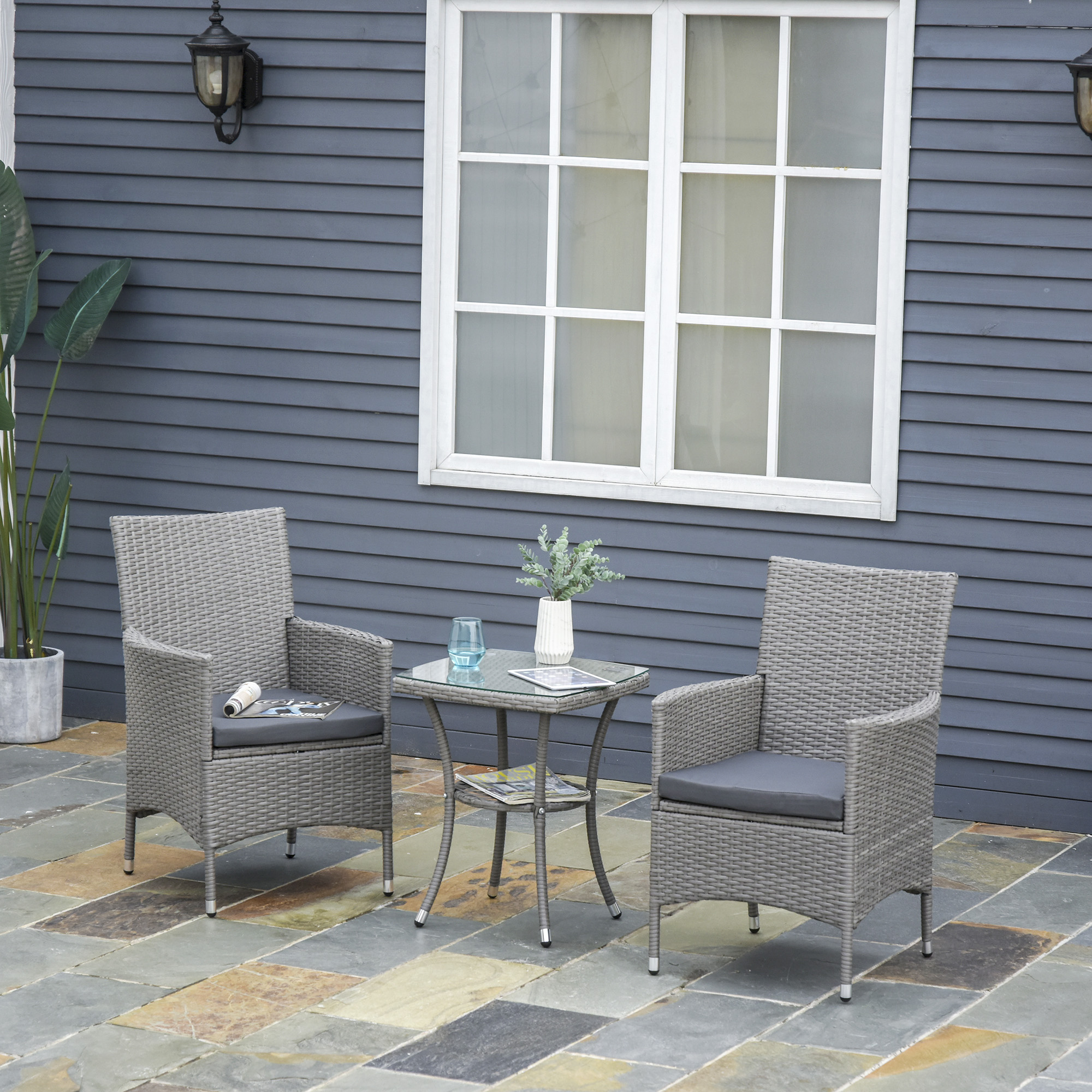Polyrattan Gartenmöbel Set, Outdoor Lounge Balkonmöbel für 2 Personen, 3-teilig Sitzgruppe, 2 Stühle, Tisch Sitzkissen, Gartenlounge für Garten, Terrasse, Balkon, Grau