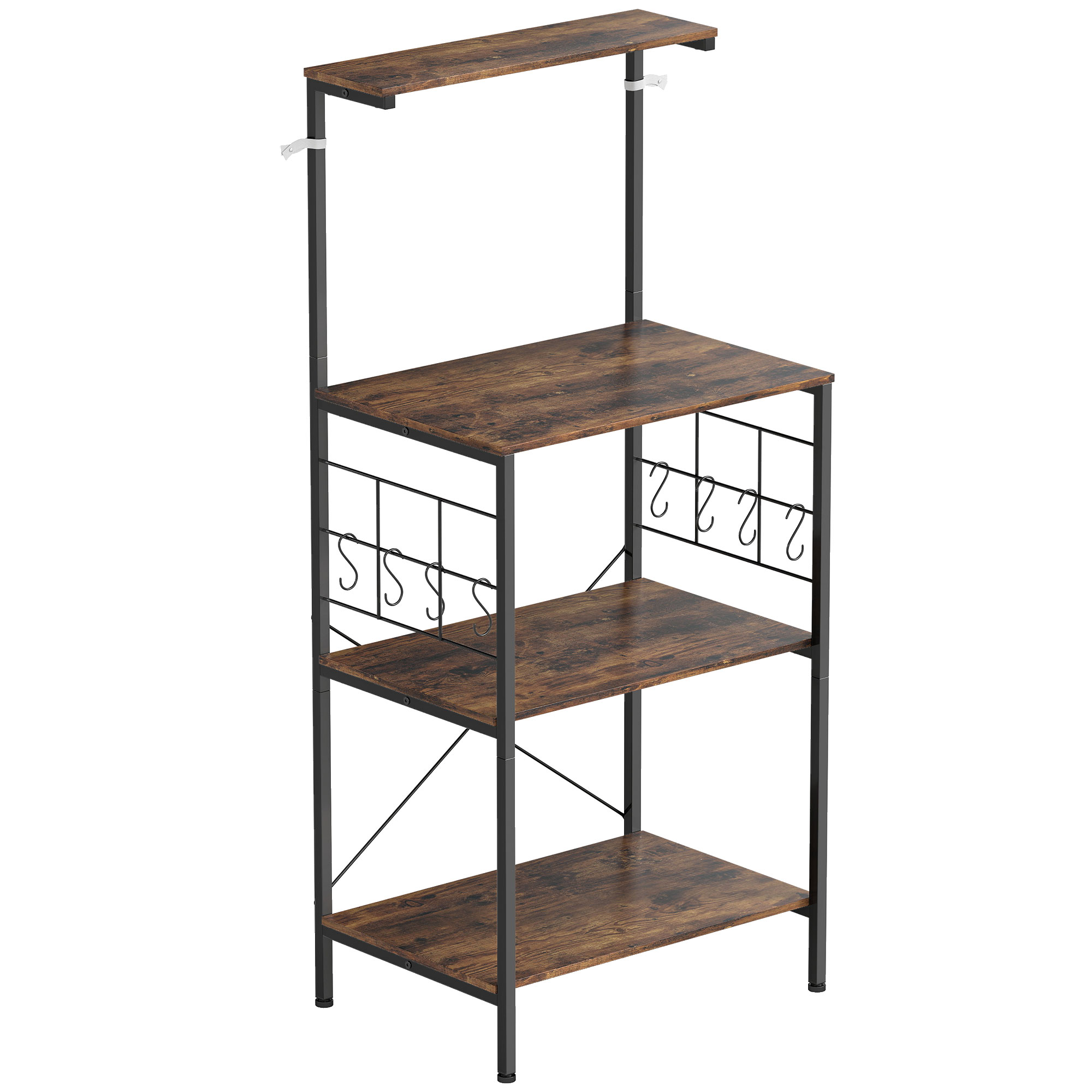 Küchenregal, 4-stufiges Design, Arbeitsplatte, 8 Haken, Metallrohre, Braun+Schwarz