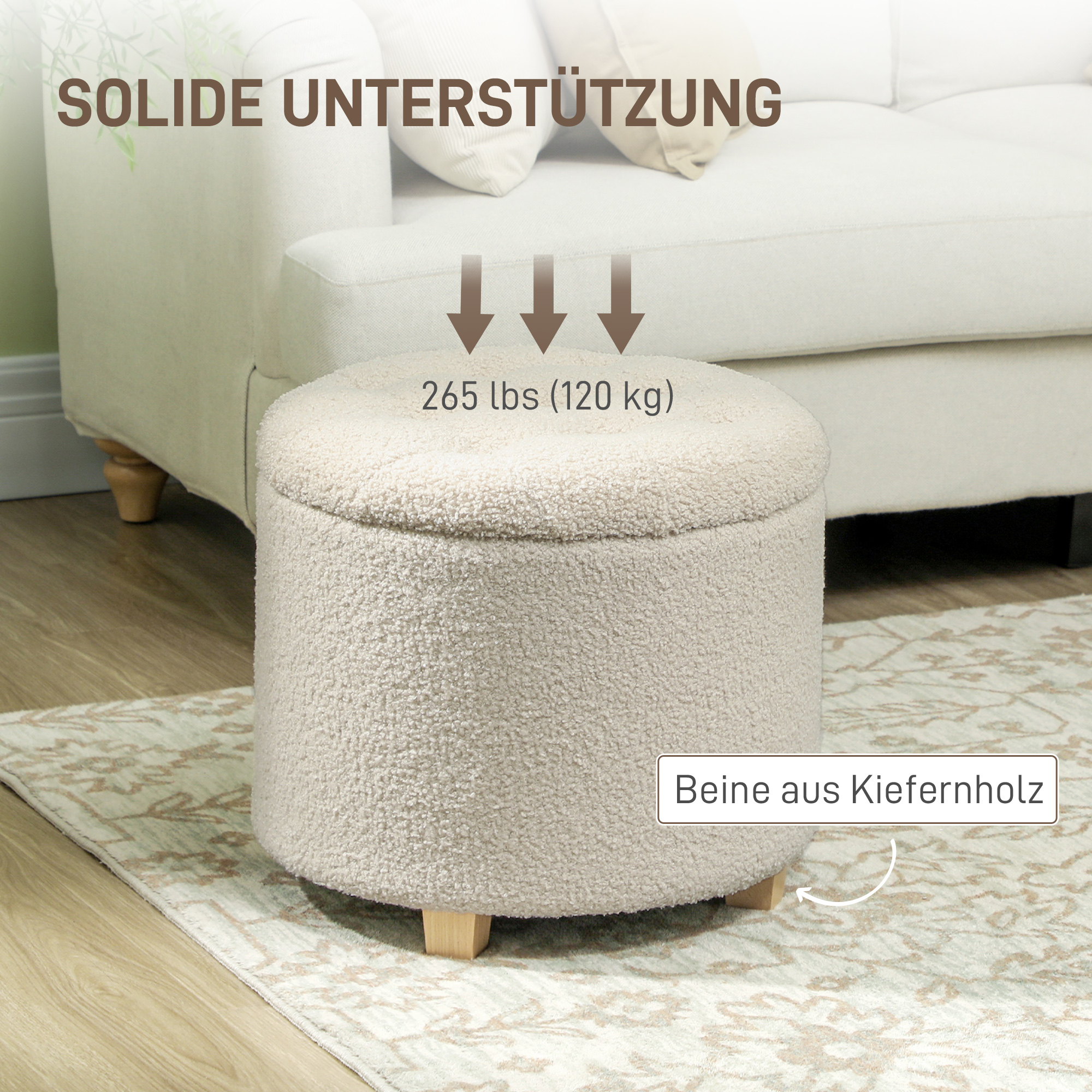 runder Sitzhocker mit Stauraum, Deckel und Holzbeinen, Fußhocker für Wohnzimmer, Flur, Schlafzimmer, Cremeweiß