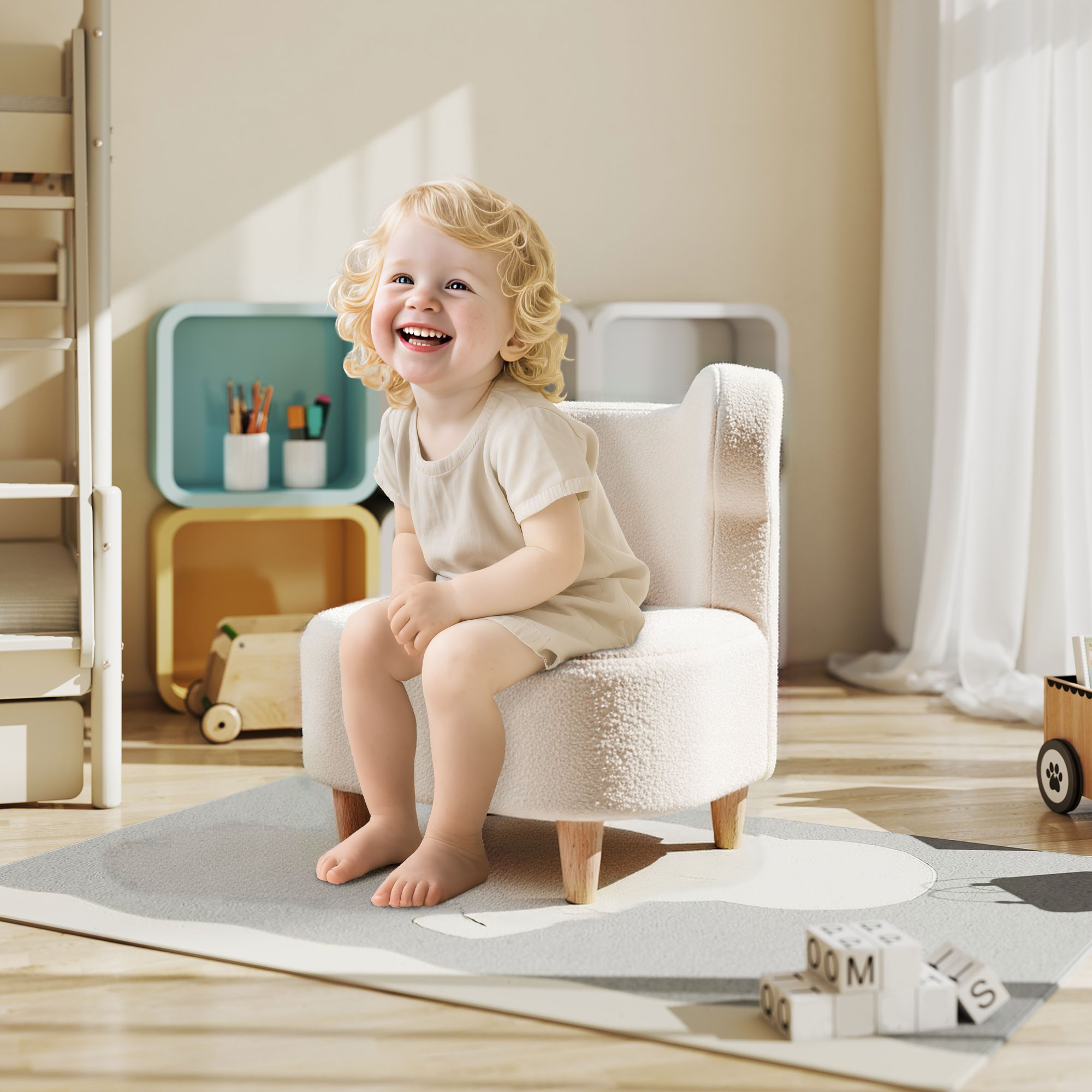 Kindersessel, Plüschsessel mit Bärenohren, Fleece-Bezug, Schaumstoff, Beige