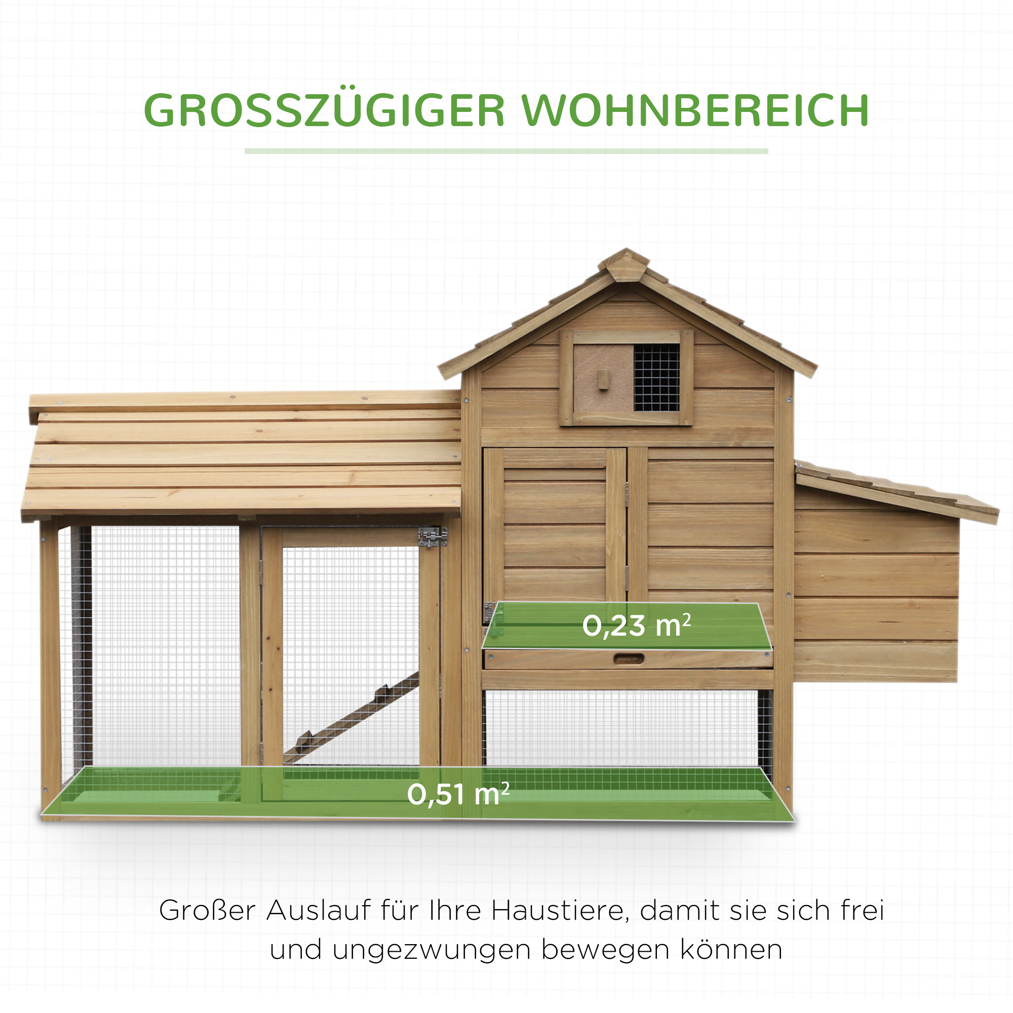 Hühnerstall Hühnerhaus aus Holz 151,5 x 54 x 87 cm, Freilaufgehege mit 2 Ebenen, 2 Türen, Nistkasten, wasserfestem Dach, Auslauf, Rampe, Hühnergehege für Garten, Natur